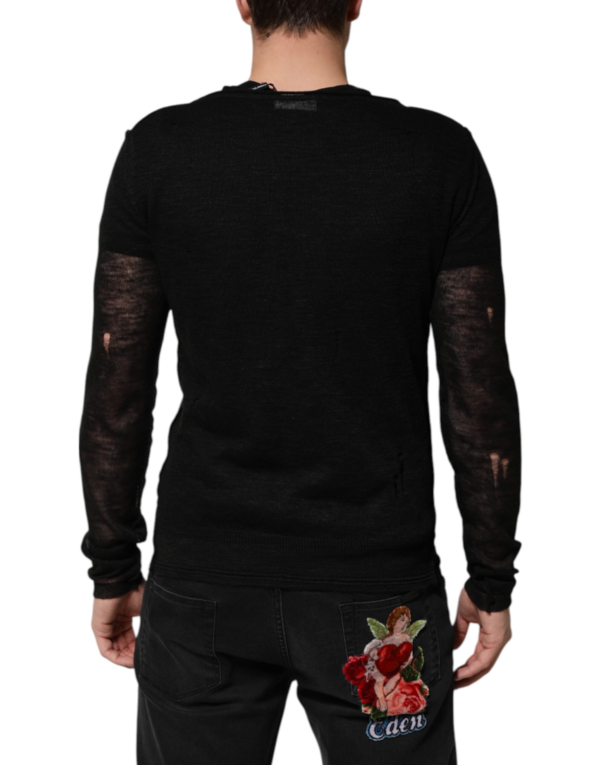 Black Linen Mesh Tattered Longsleeves T-shirt - ventzia