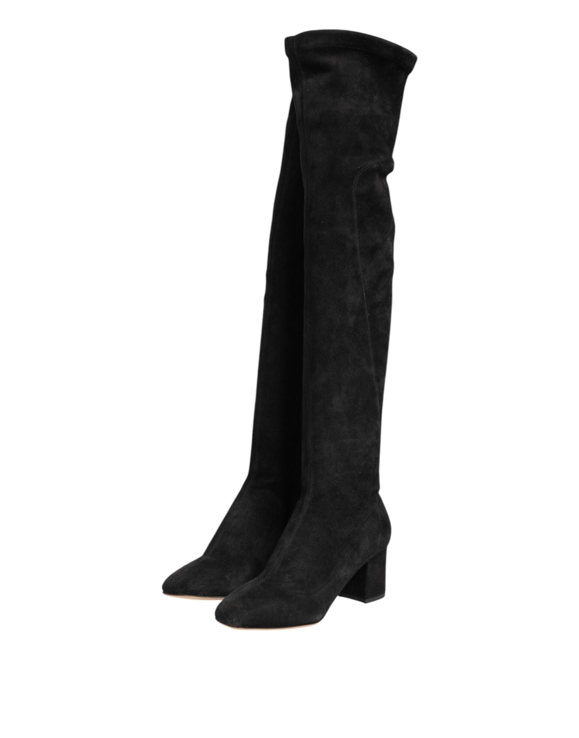 Black Suede Leather Knee High Boots Shoes - ventzia