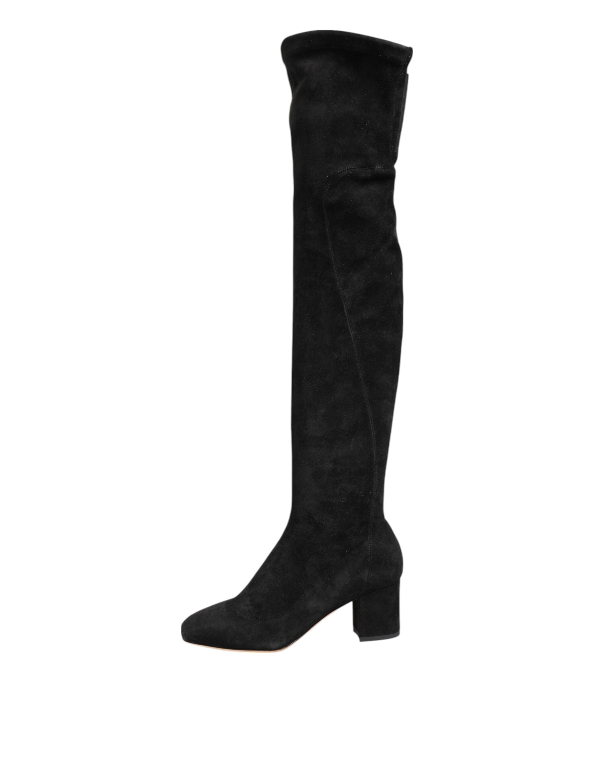 Black Suede Leather Knee High Boots Shoes - ventzia