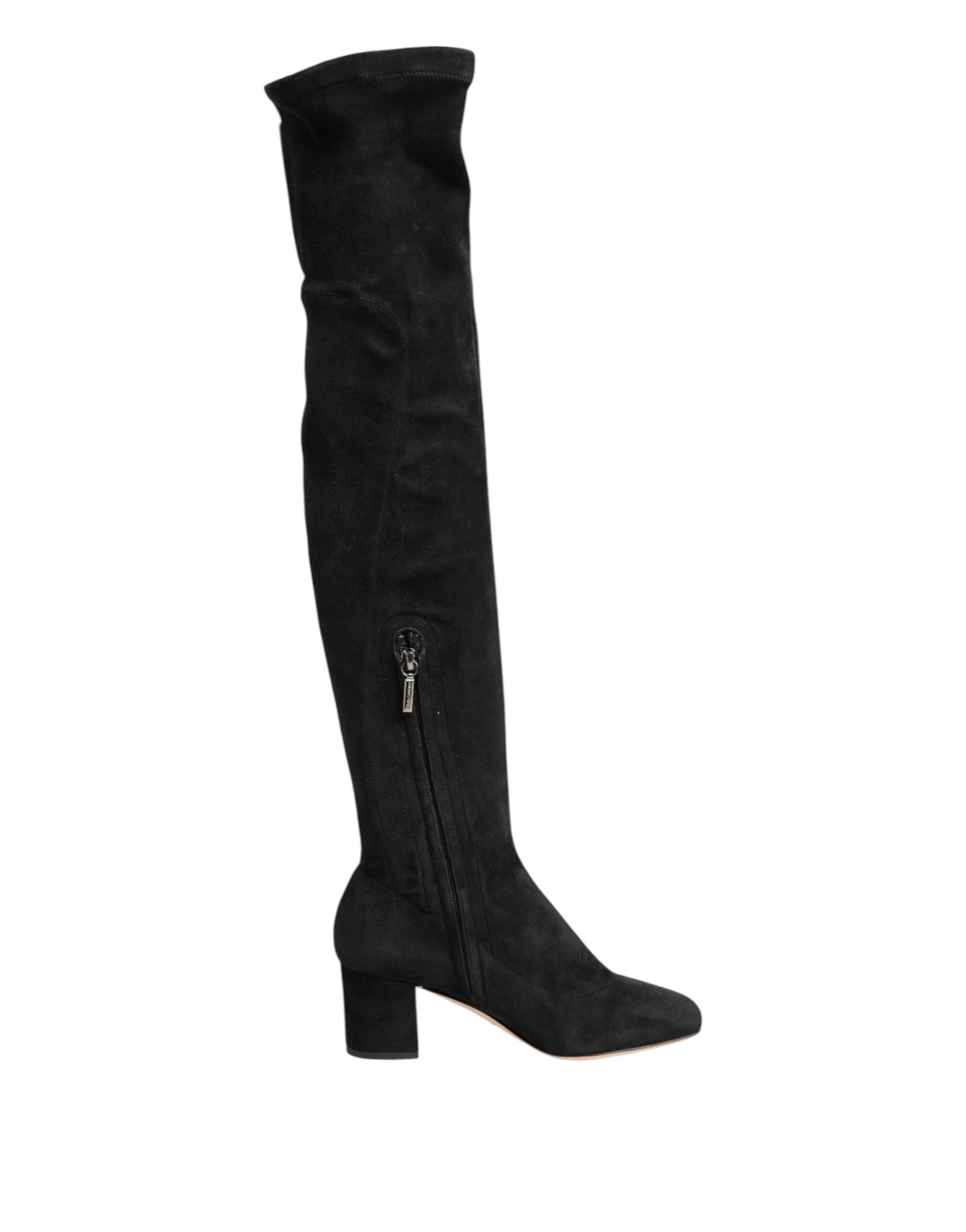 Black Suede Leather Knee High Boots Shoes - ventzia