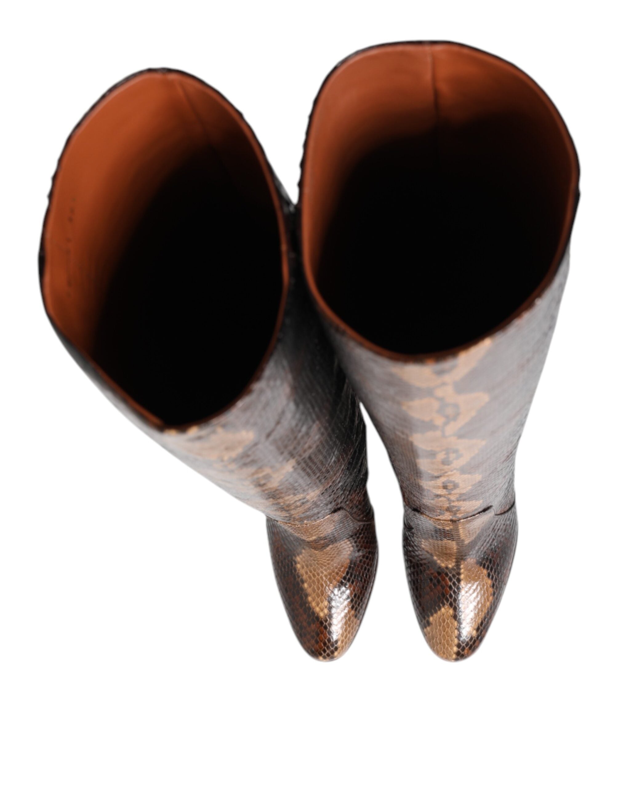 Brown Python Snakeskin Print Riding Boots Shoes - ventzia