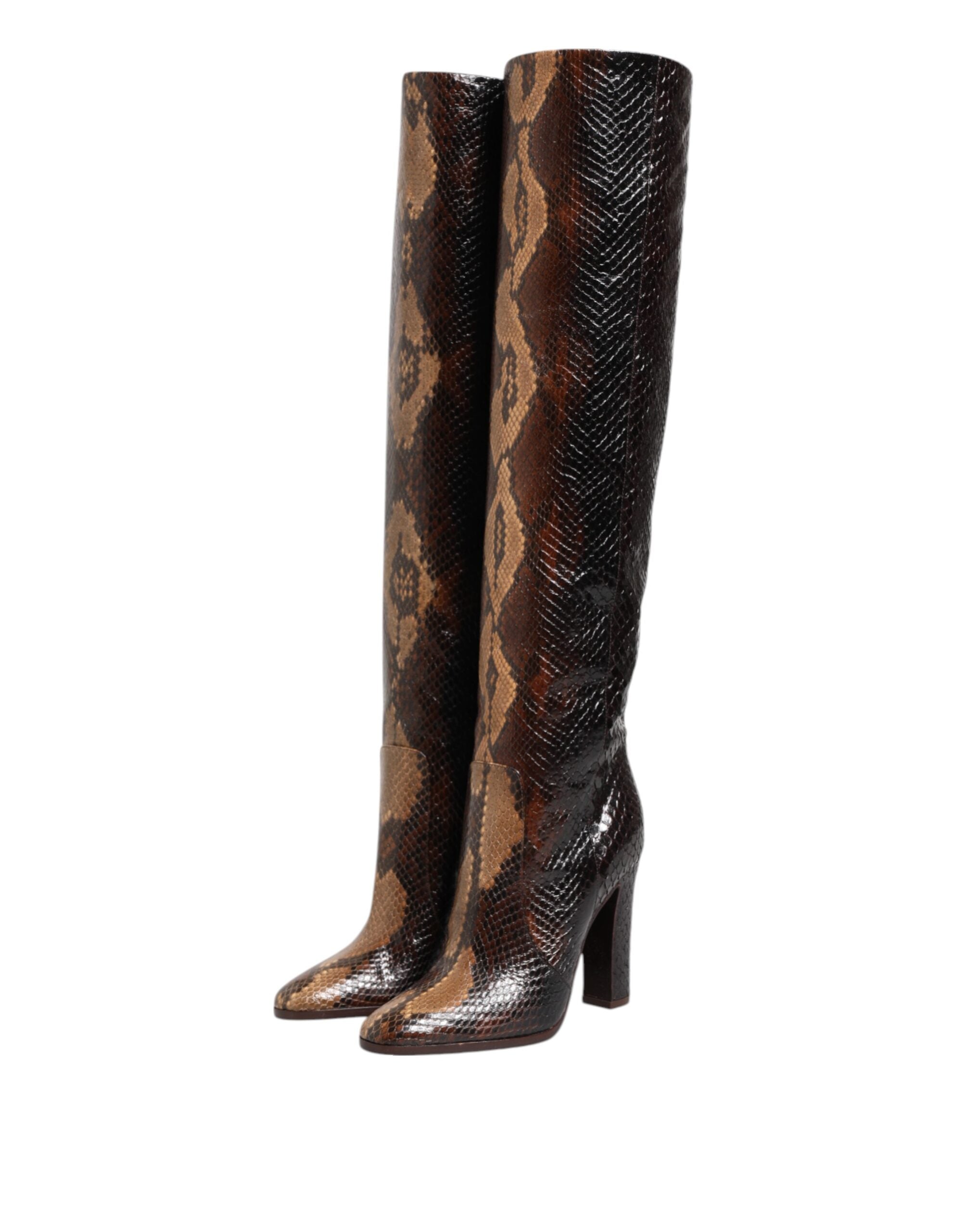 Brown Python Snakeskin Print Riding Boots Shoes - ventzia