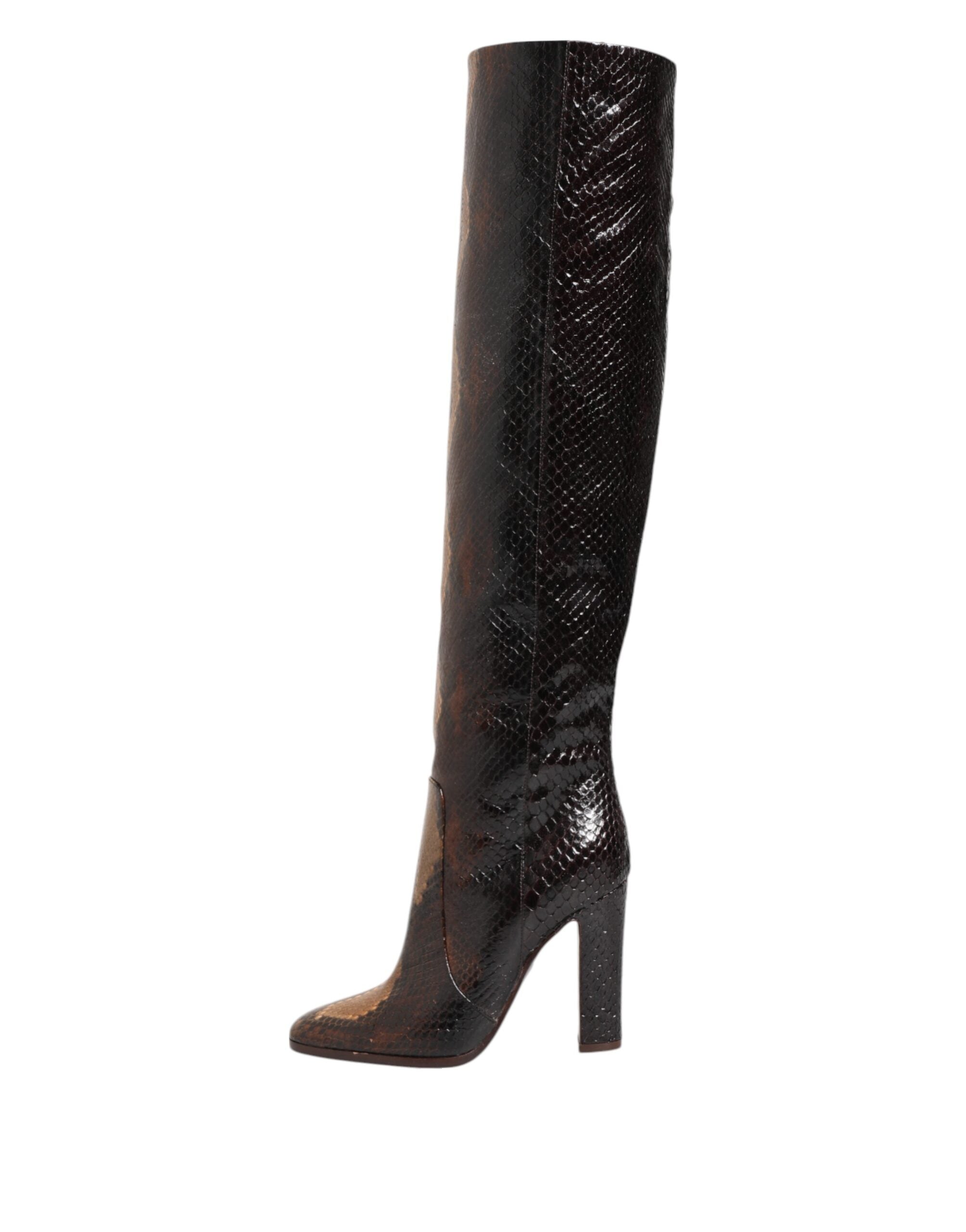 Brown Python Snakeskin Print Riding Boots Shoes - ventzia