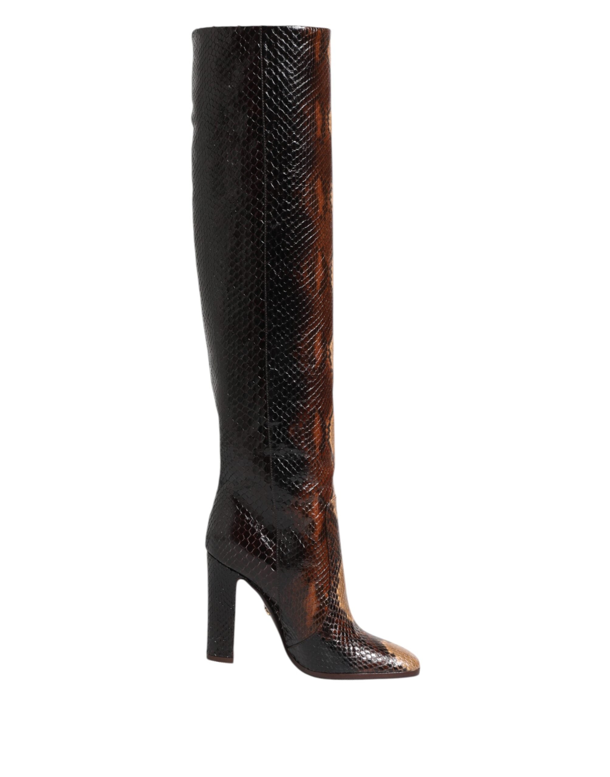 Brown Python Snakeskin Print Riding Boots Shoes - ventzia