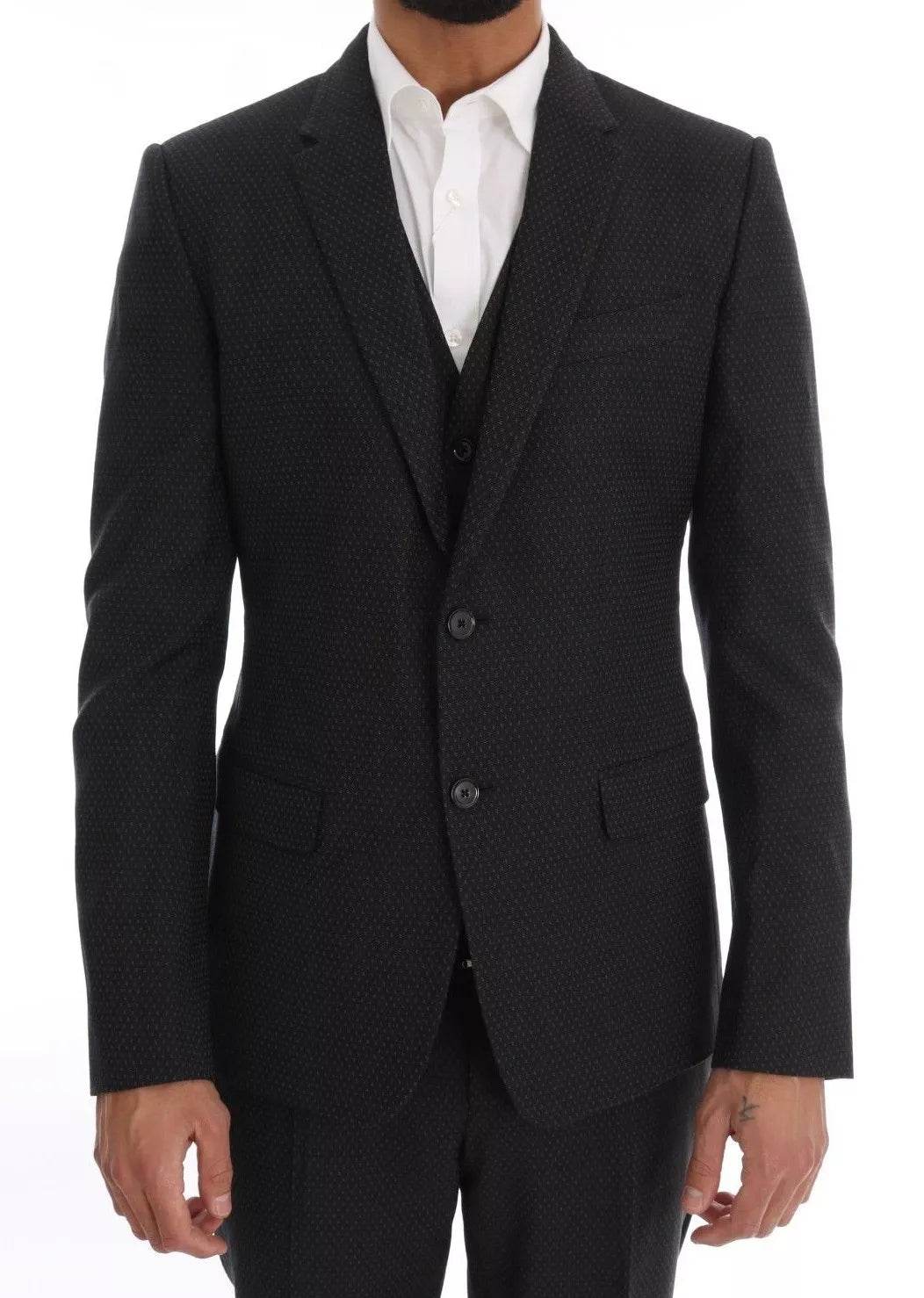 Gray Patterned Wool 3 Piece Slim Suit - ventzia