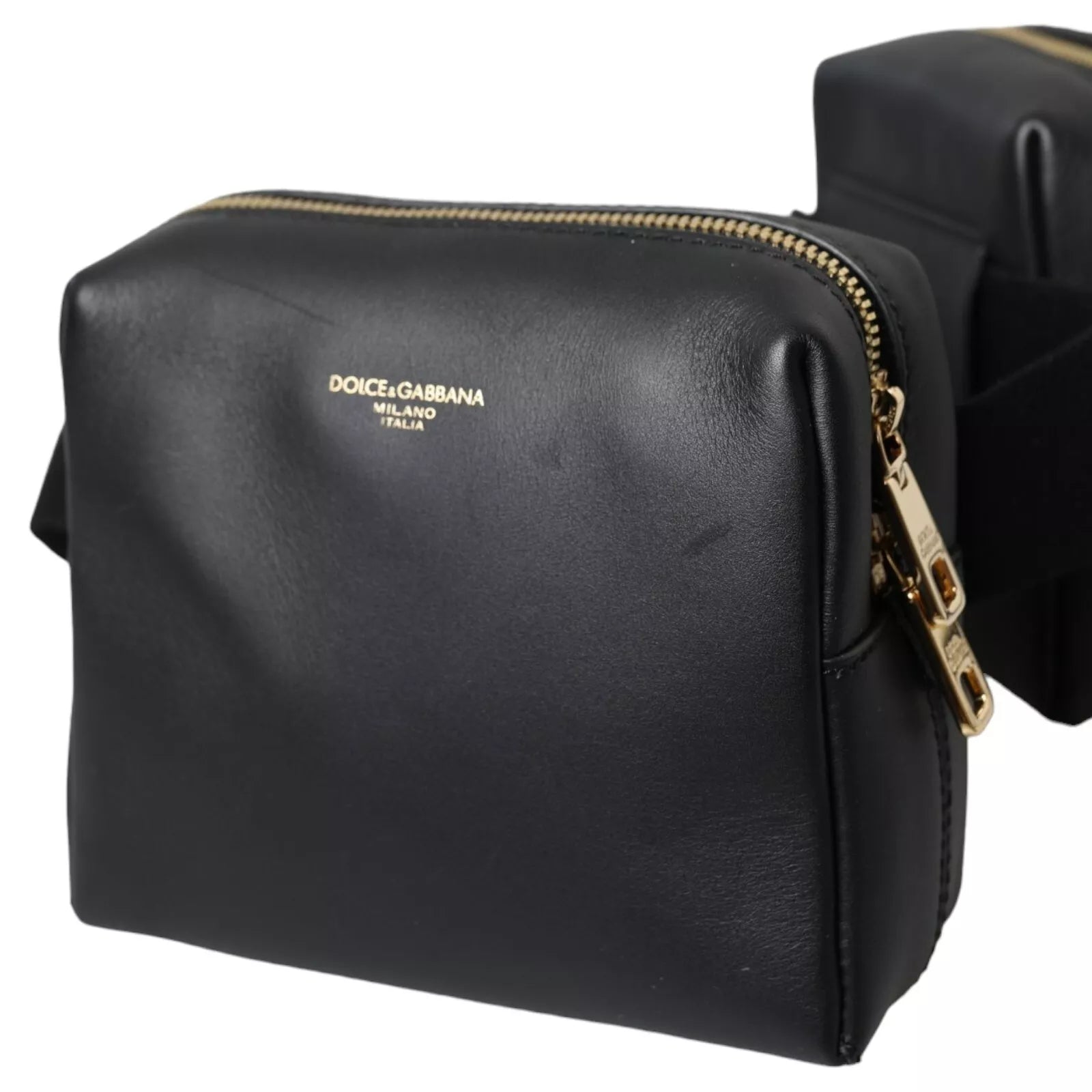 Black Calfskin Leather Double Waist Belt Fanny Pack Bag - ventzia