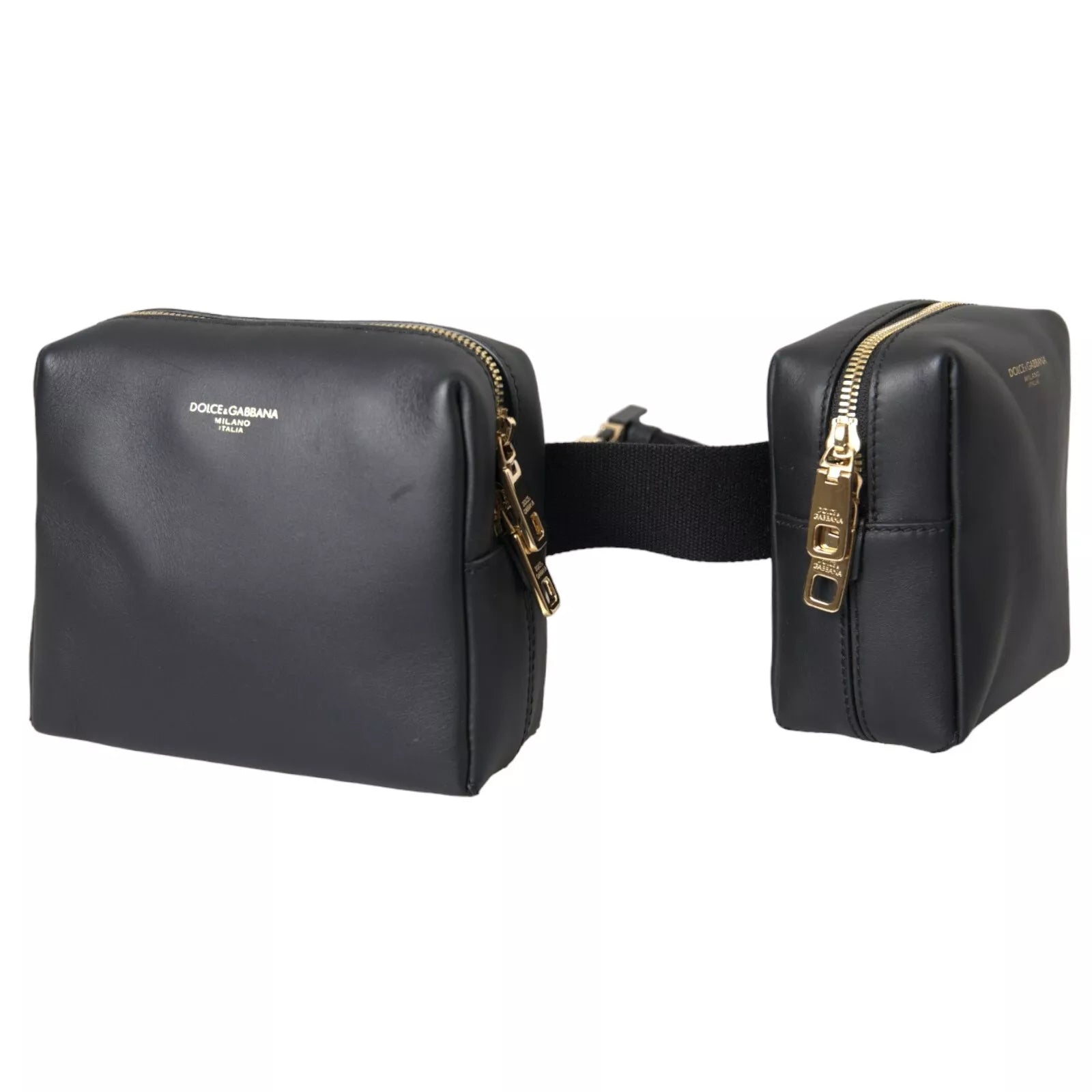 Black Calfskin Leather Double Waist Belt Fanny Pack Bag - ventzia