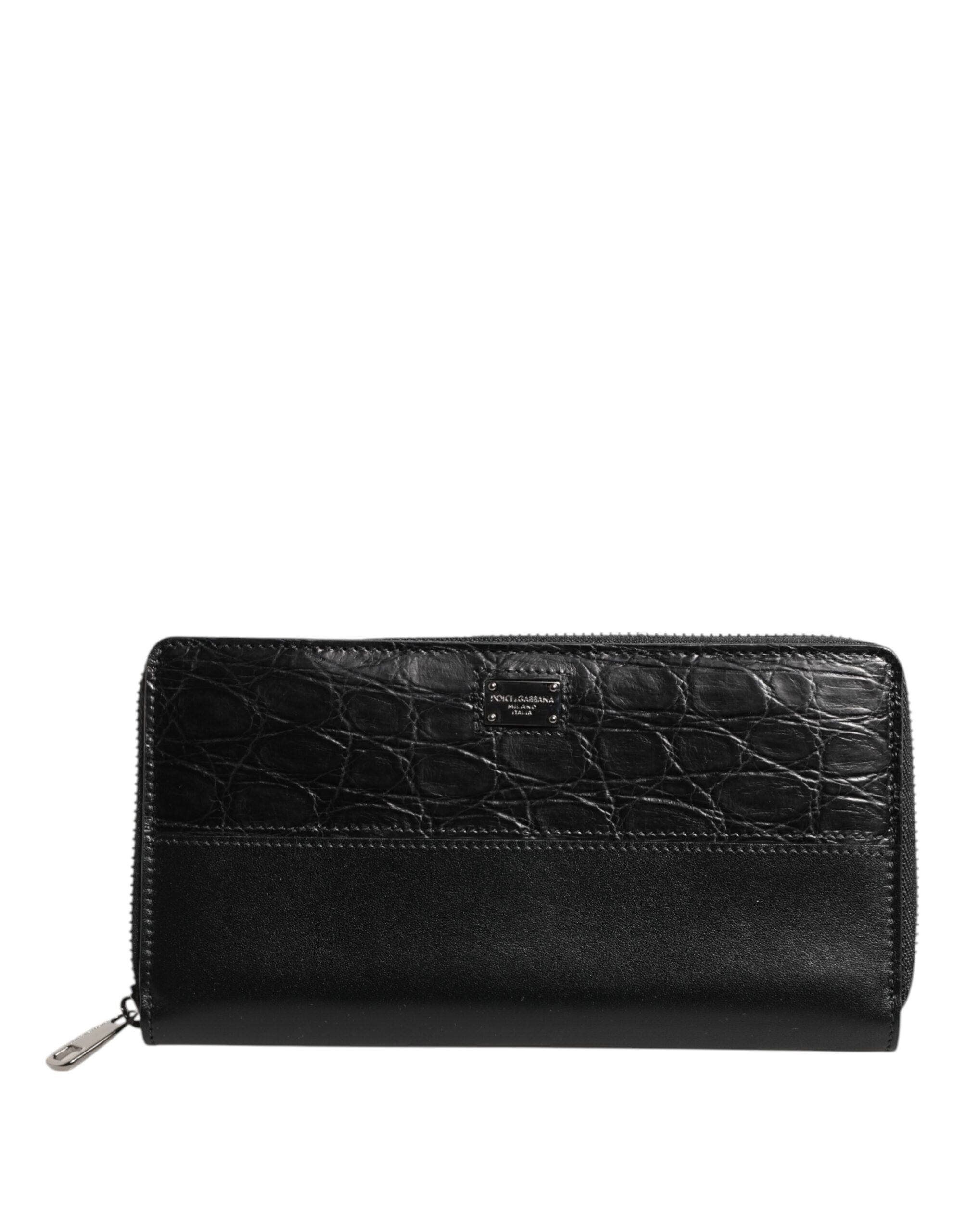 Black Leather Logo Plaque Zip Around Continental Wallet - ventzia