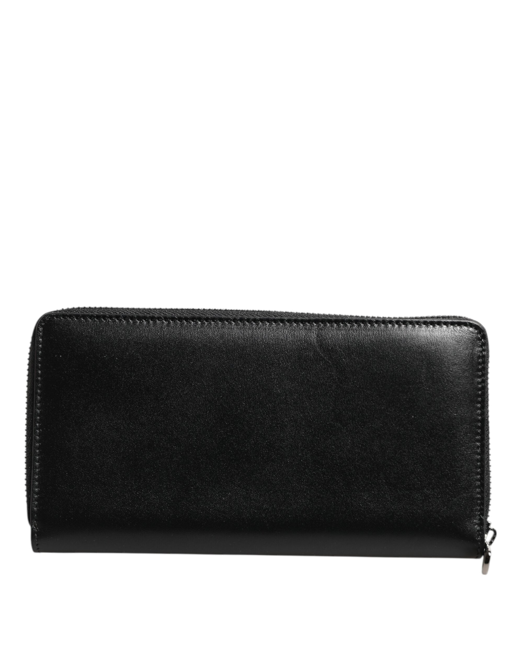 Black Leather Logo Plaque Zip Around Continental Wallet - ventzia