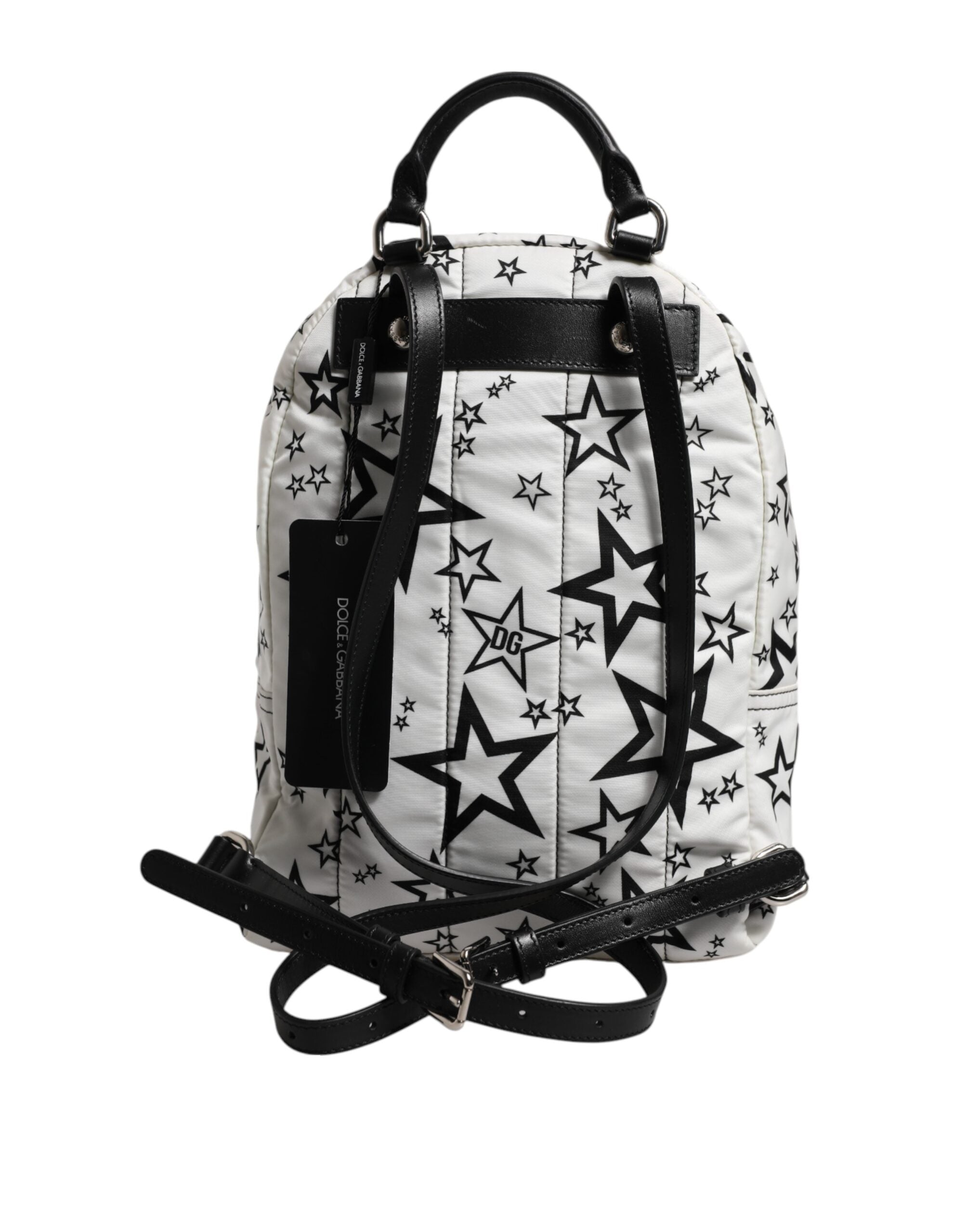 White DG Stars Print Nylon Travel Backpack Bag - ventzia