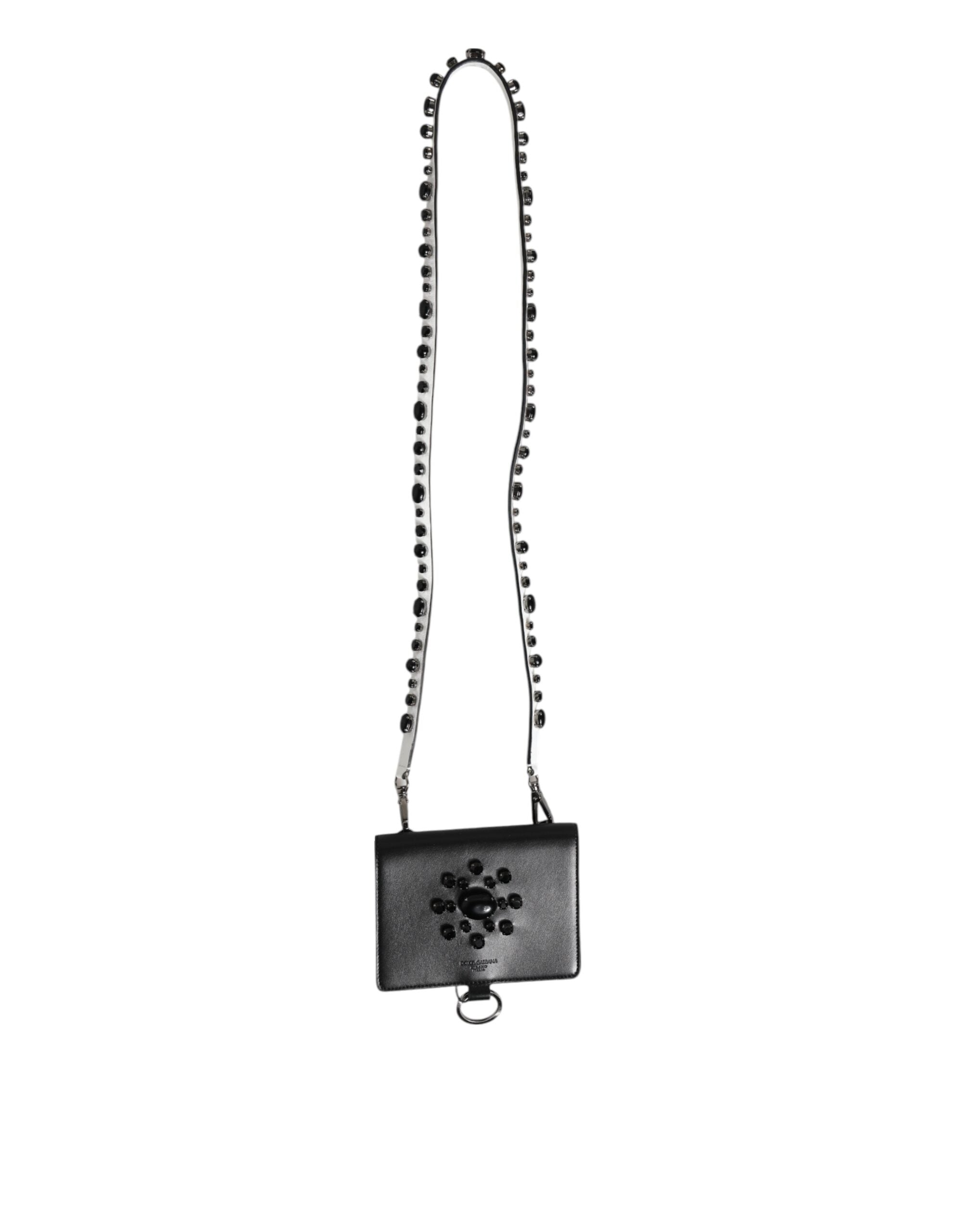 Black Leather Crystal Embellished Card Holder Wallet - ventzia
