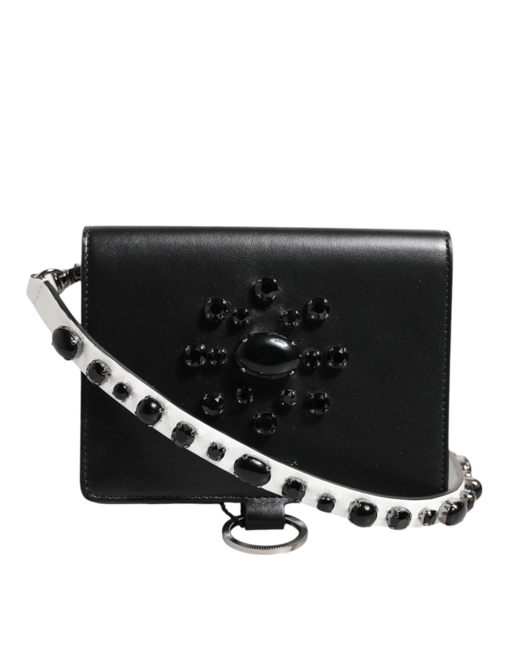 Black Leather Crystal Embellished Card Holder Wallet - ventzia