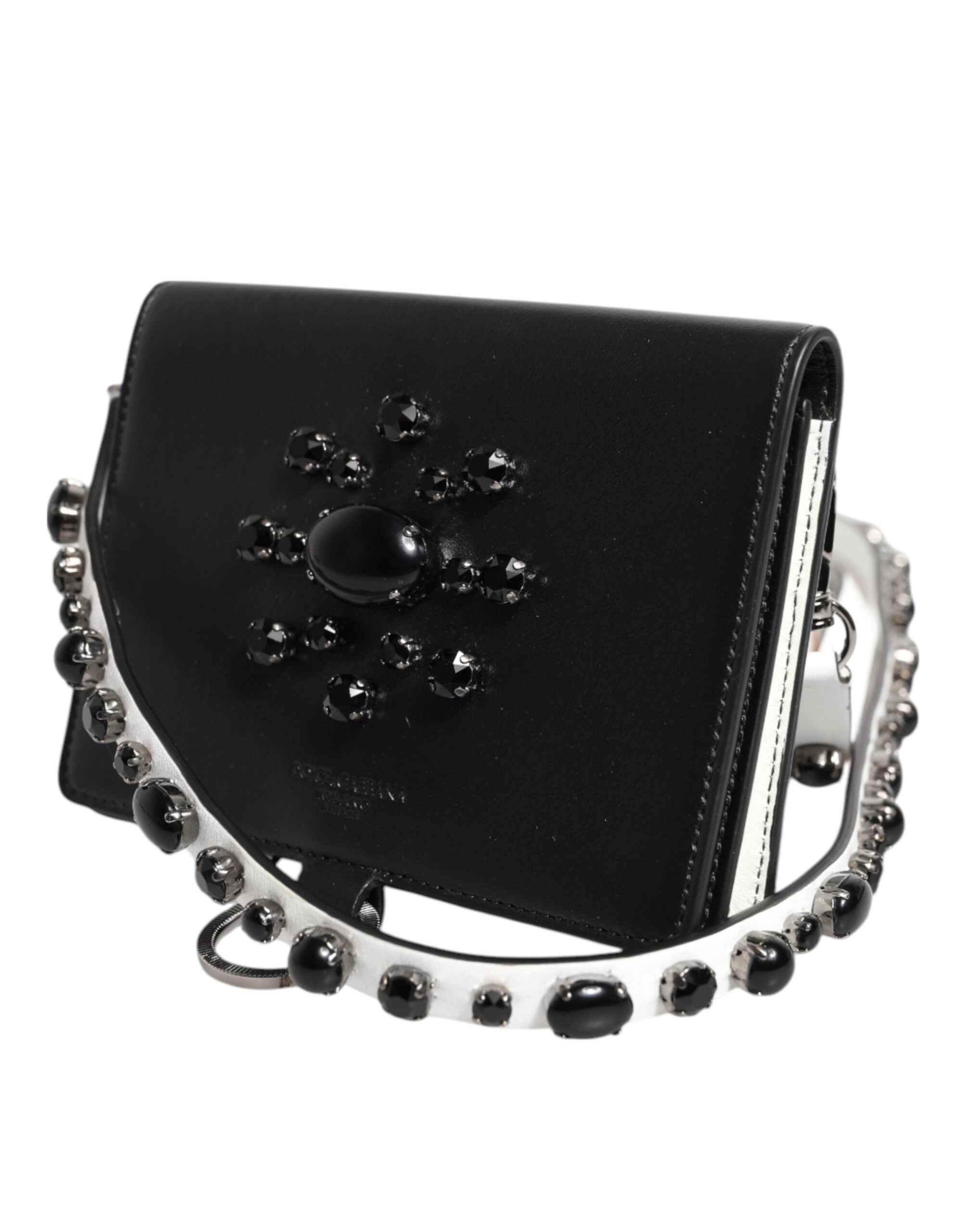 Black Leather Crystal Embellished Card Holder Wallet - ventzia