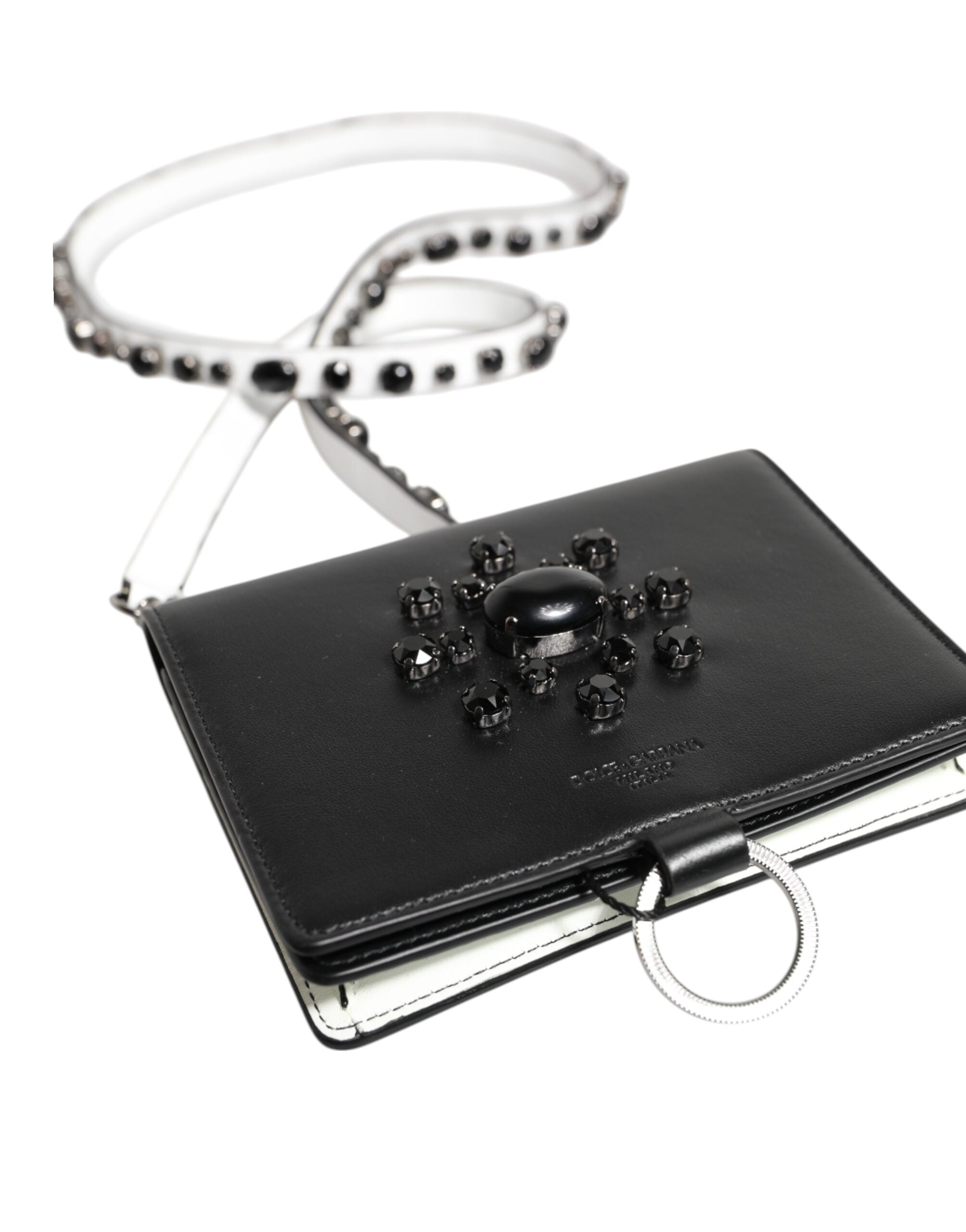 Black Leather Crystal Embellished Card Holder Wallet - ventzia