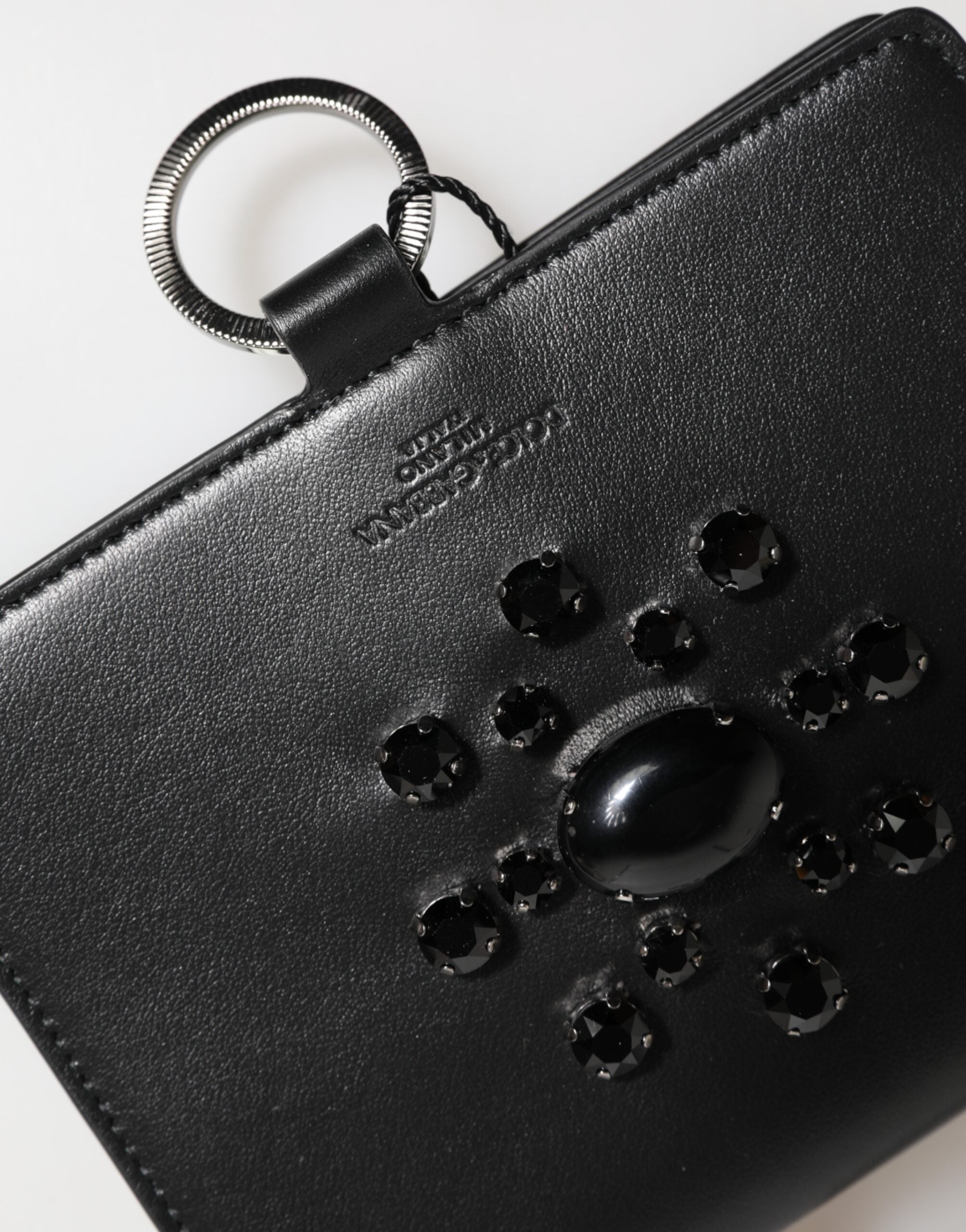 Black Leather Crystal Embellished Card Holder Wallet - ventzia