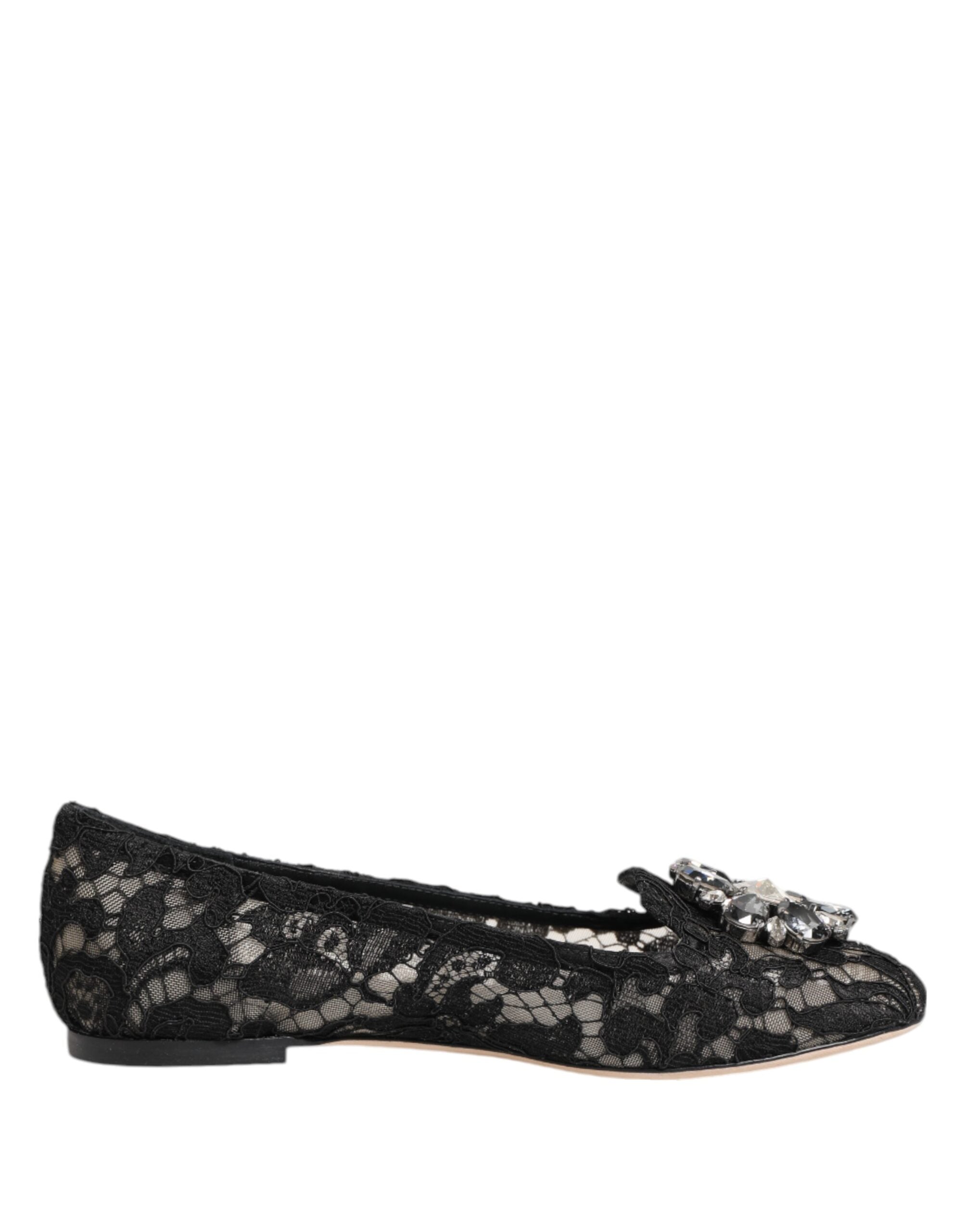 Black Taormina Lace Crystals Flats Shoes - ventzia