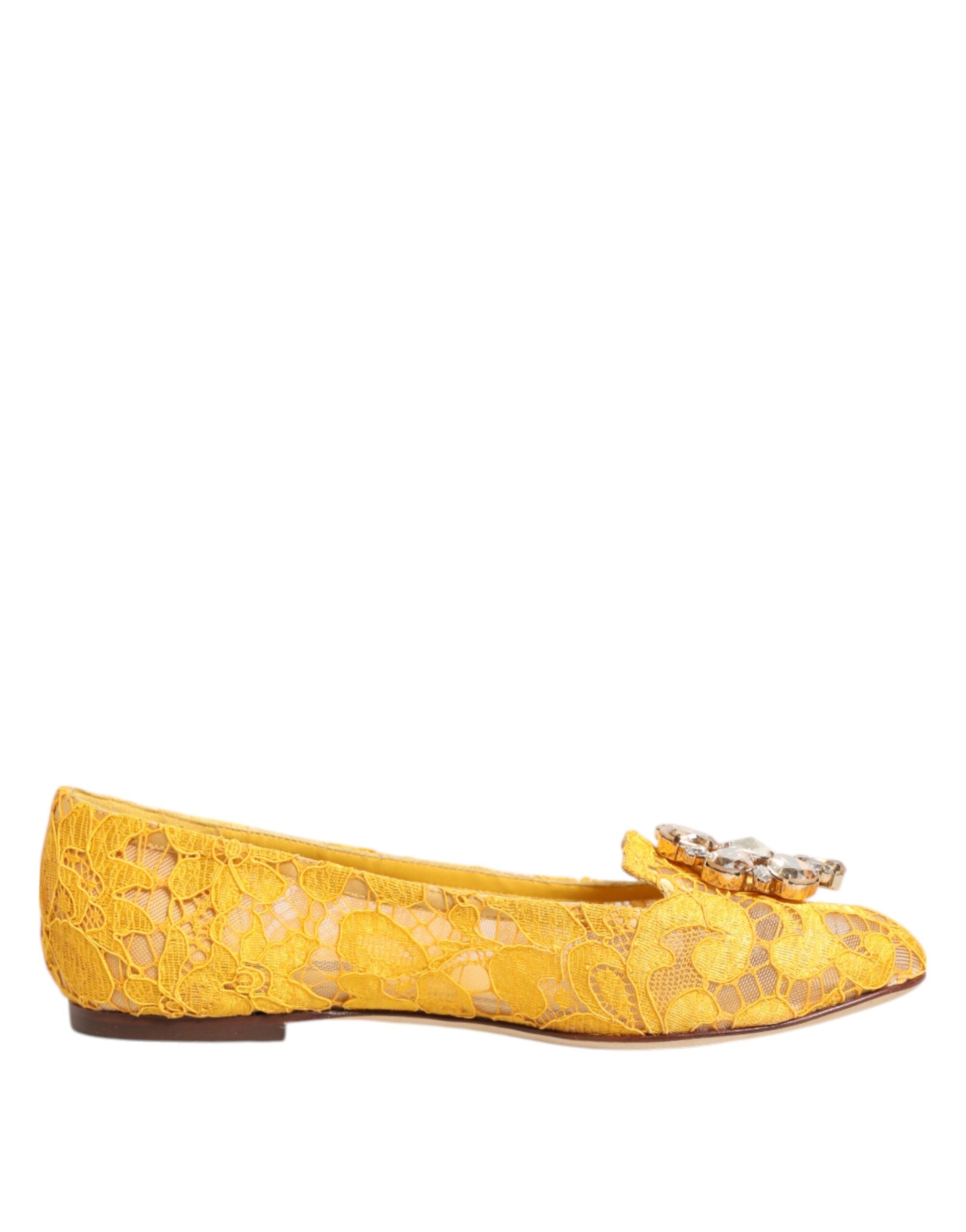 Yellow Taormina Lace Crystals Flats Shoes - ventzia