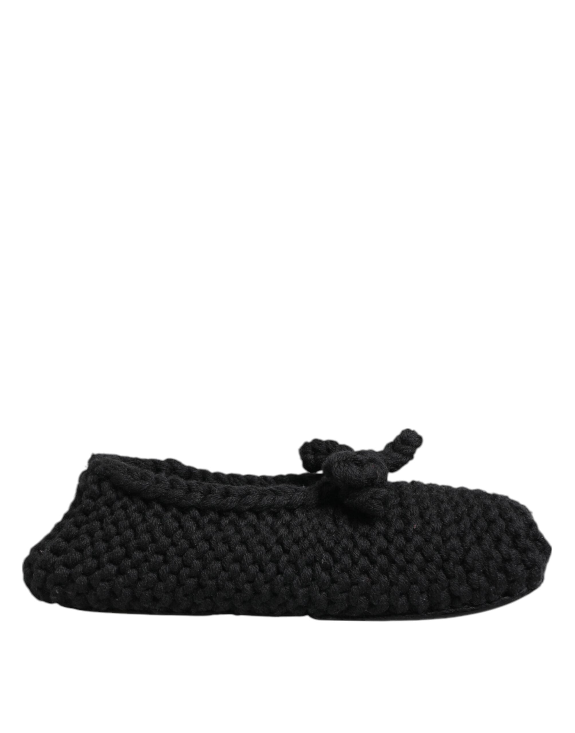 Black Wool Knit Slip On Ballerina Flats Shoes - ventzia