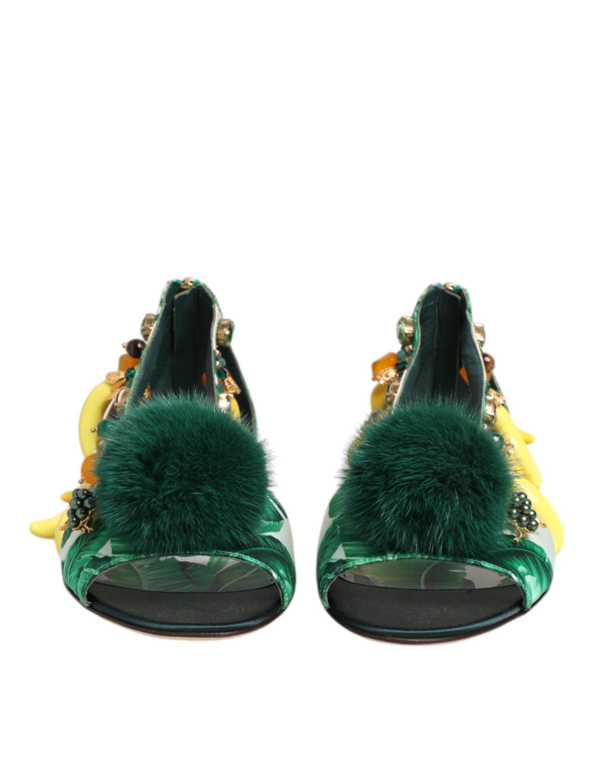 Green Mink Fur Satin Banana Leaf Sandals Shoes - ventzia