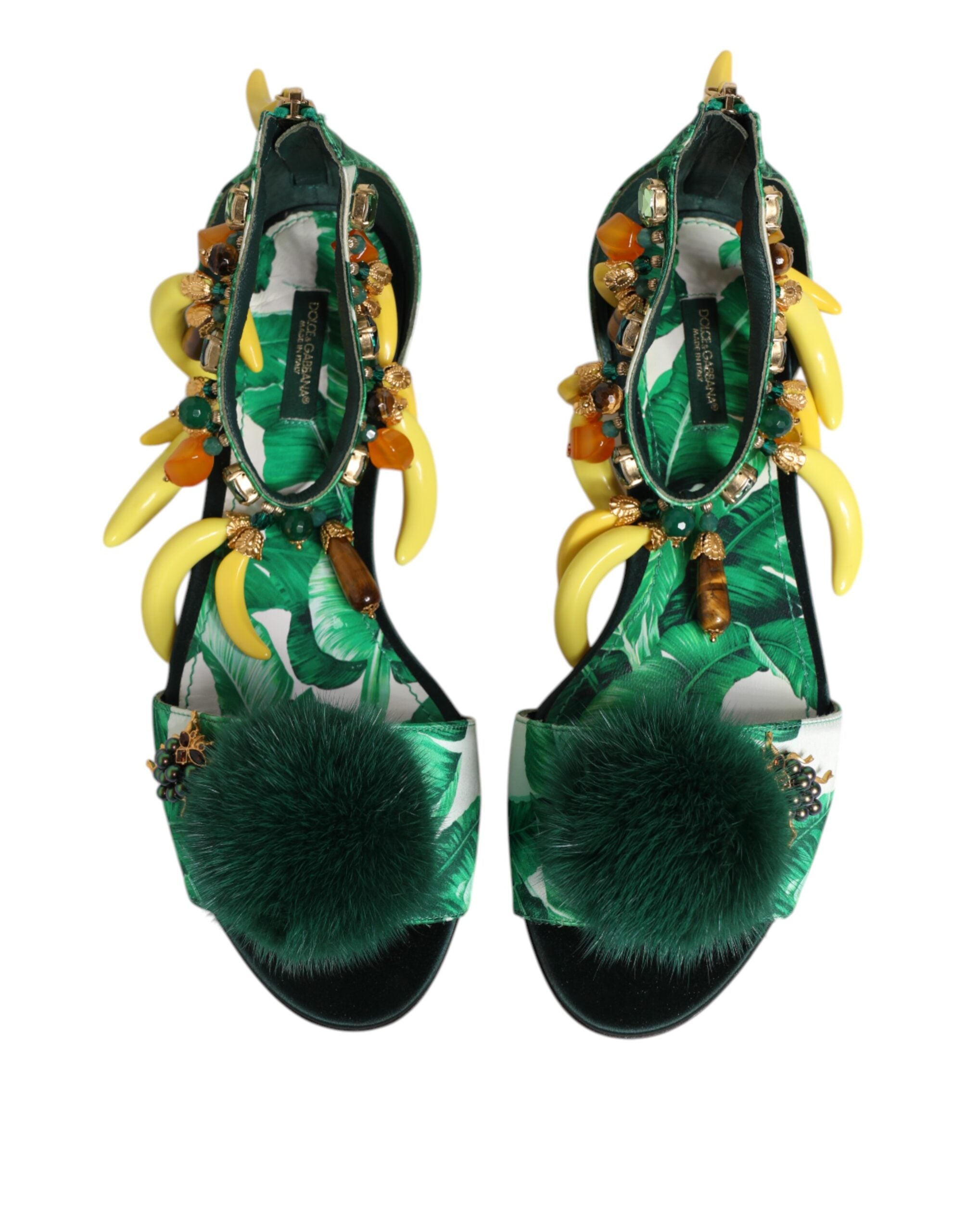 Green Mink Fur Satin Banana Leaf Sandals Shoes - ventzia
