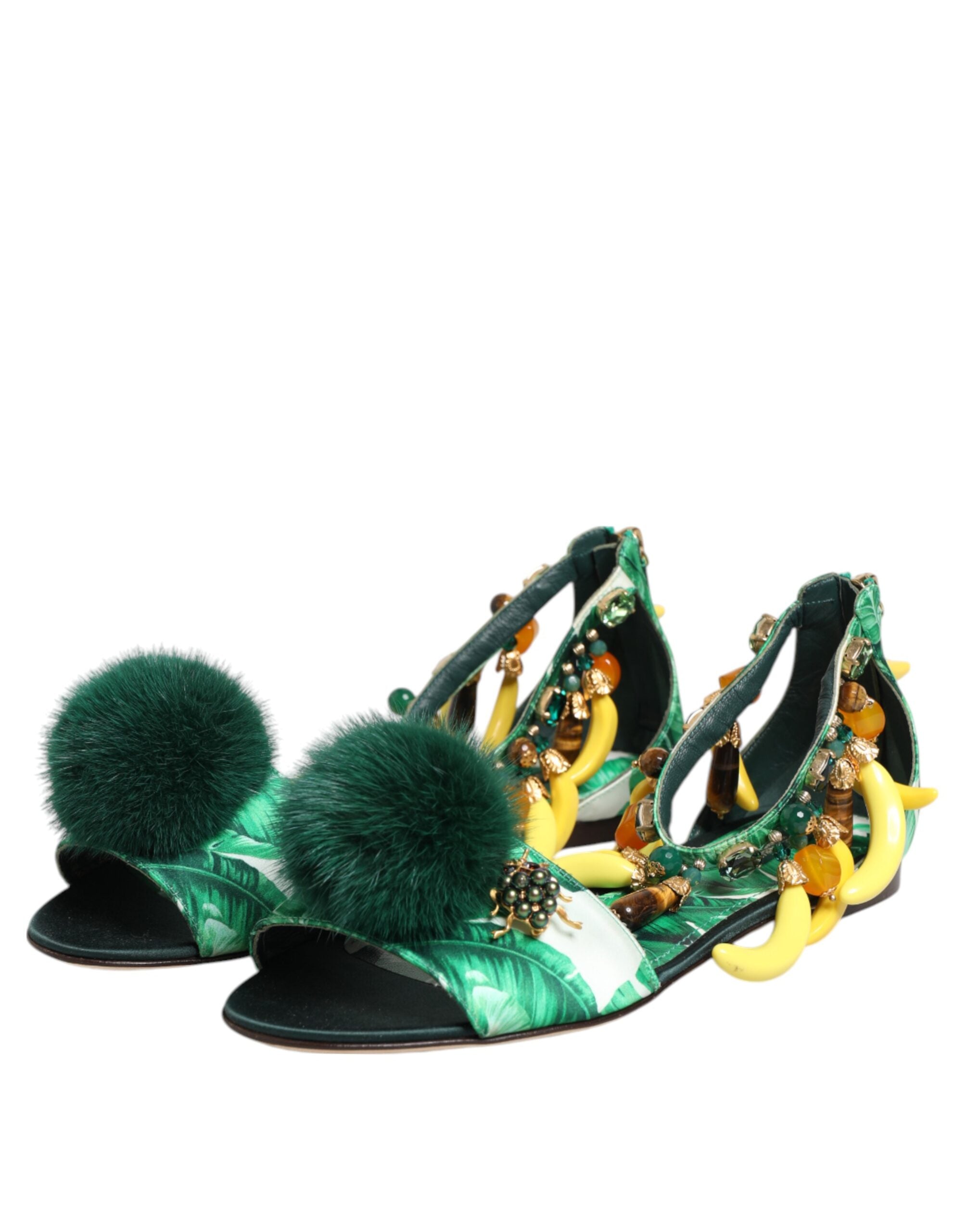 Green Mink Fur Satin Banana Leaf Sandals Shoes - ventzia
