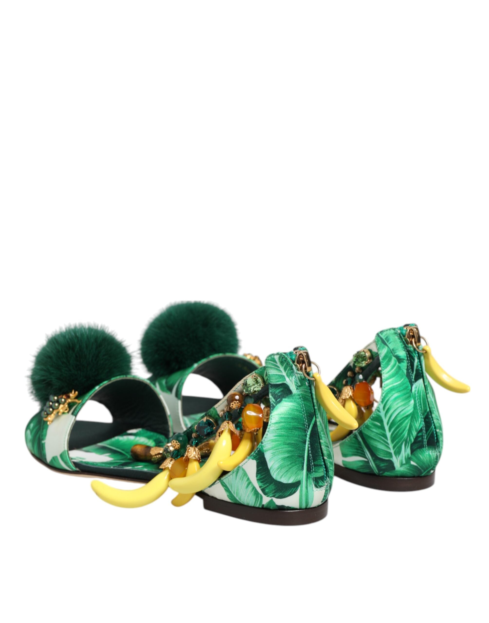 Green Mink Fur Satin Banana Leaf Sandals Shoes - ventzia