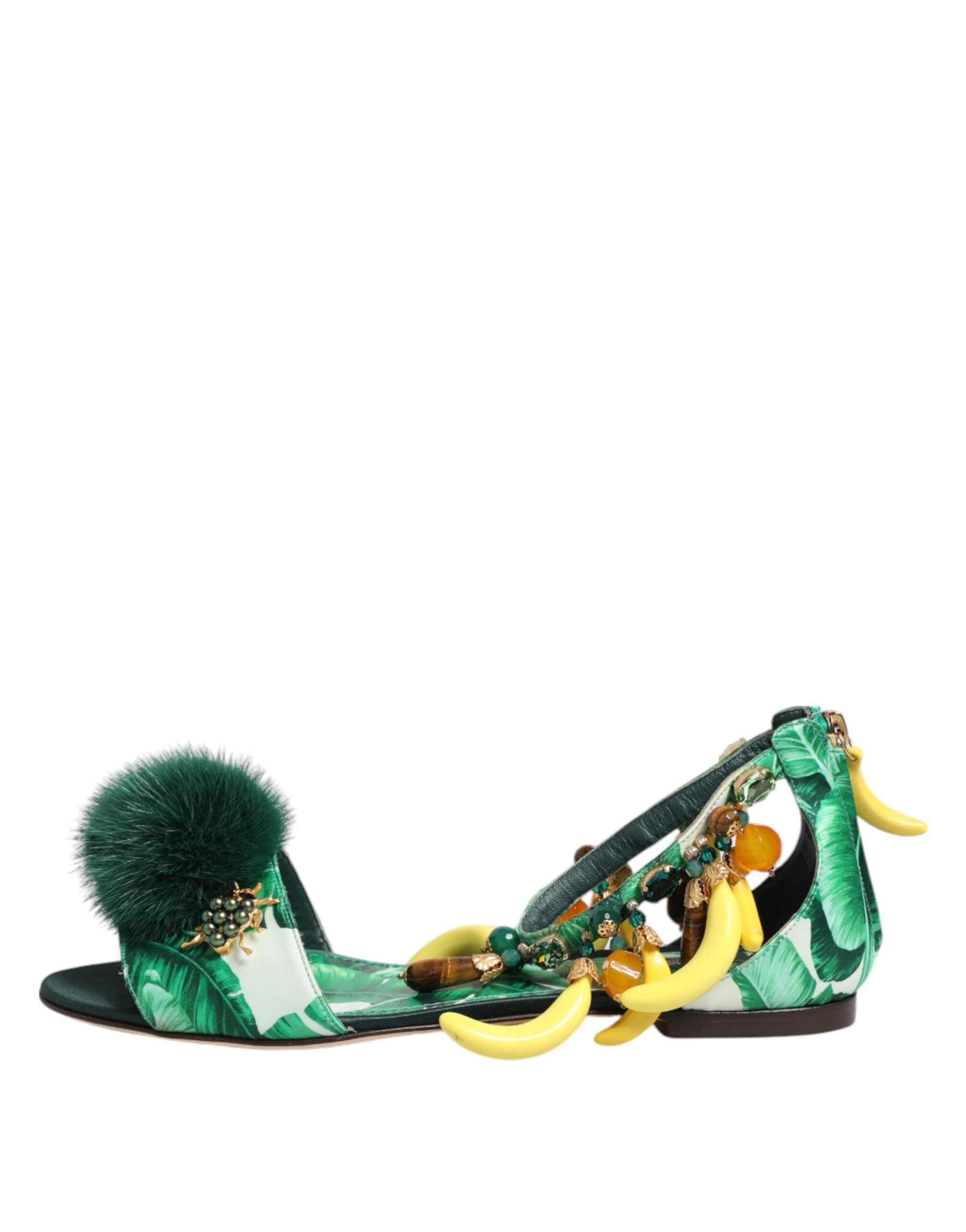Green Mink Fur Satin Banana Leaf Sandals Shoes - ventzia
