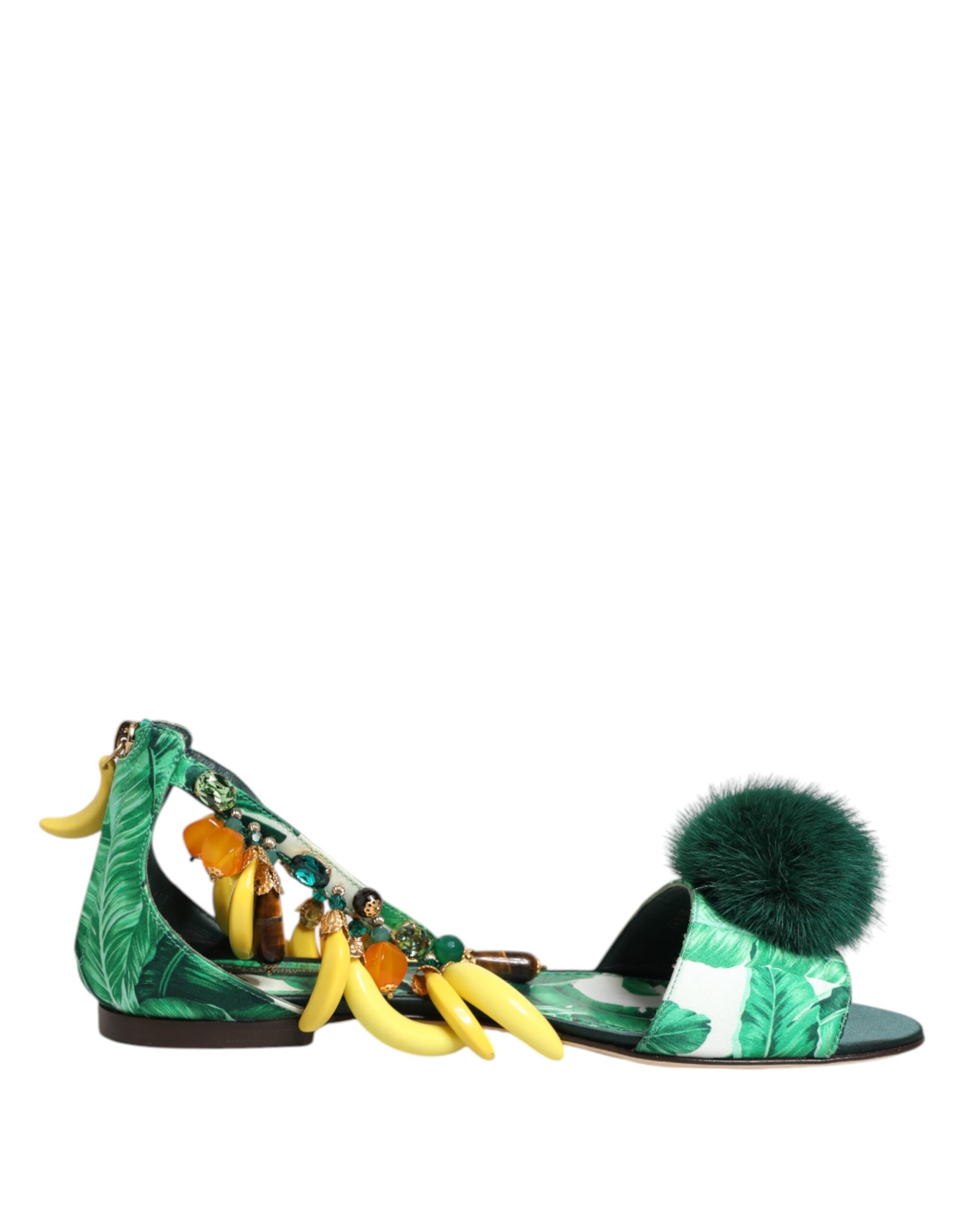 Green Mink Fur Satin Banana Leaf Sandals Shoes - ventzia