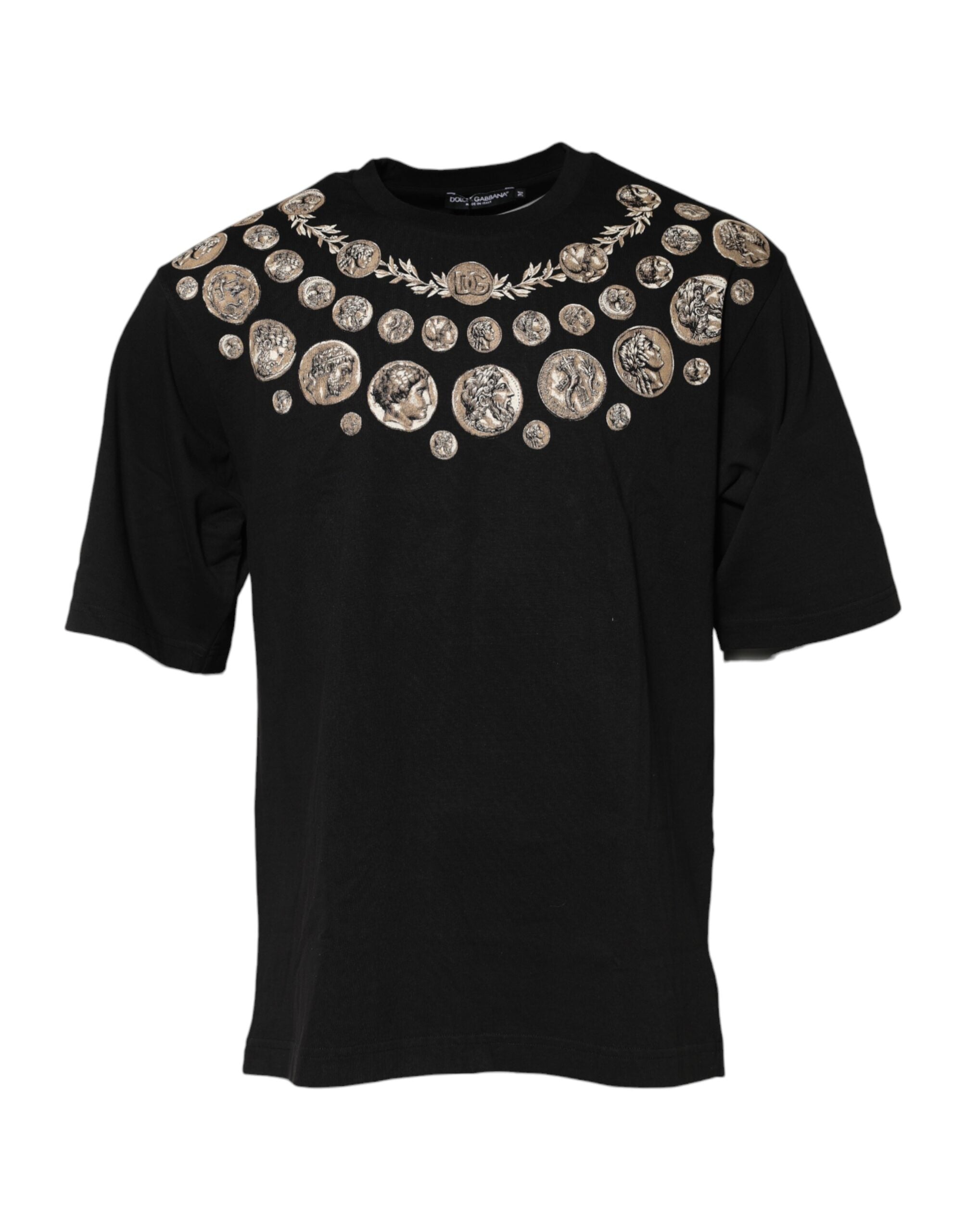 Black Coin Print Cotton Crew Neck T-shirt - ventzia