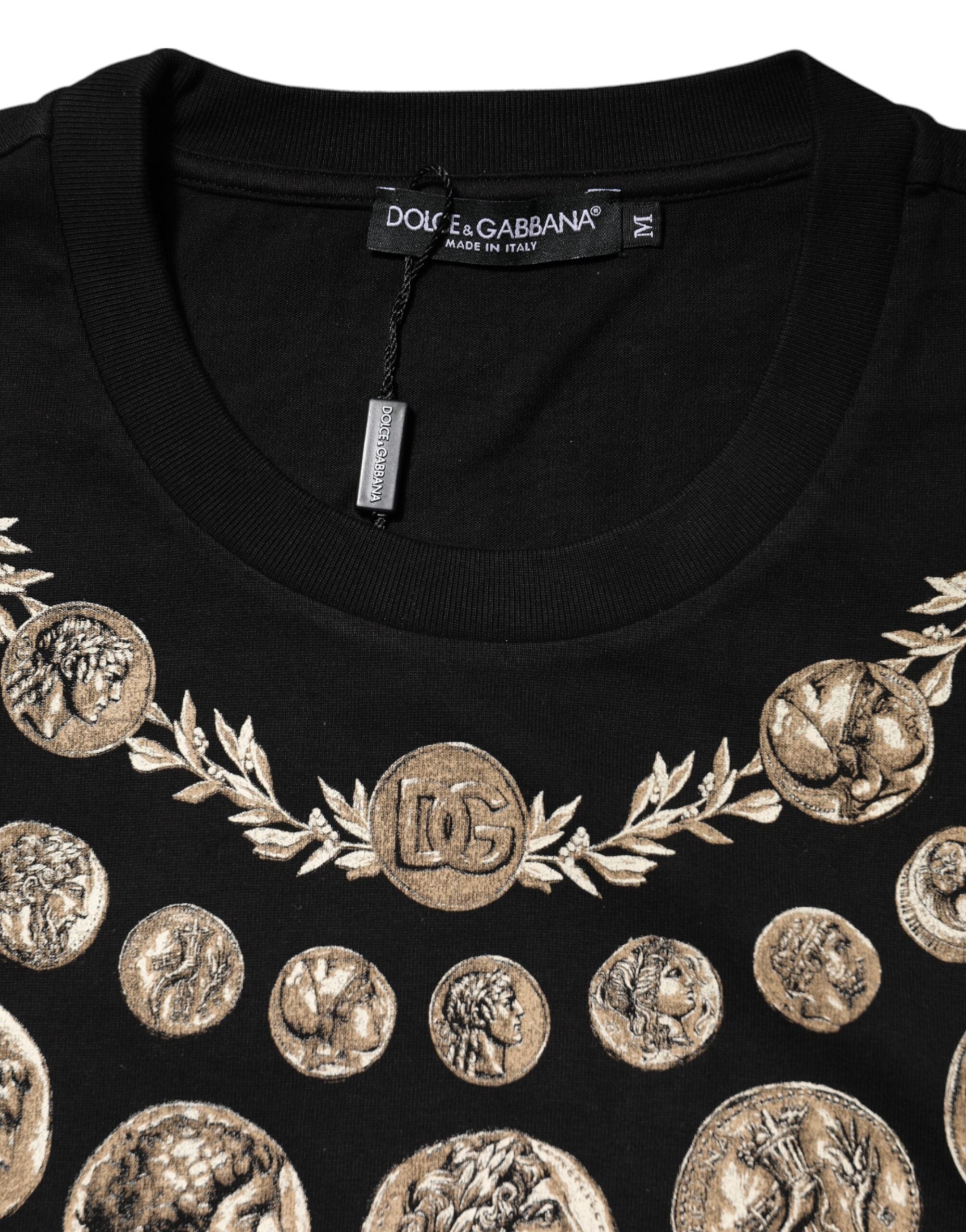 Black Coin Print Cotton Crew Neck T-shirt - ventzia