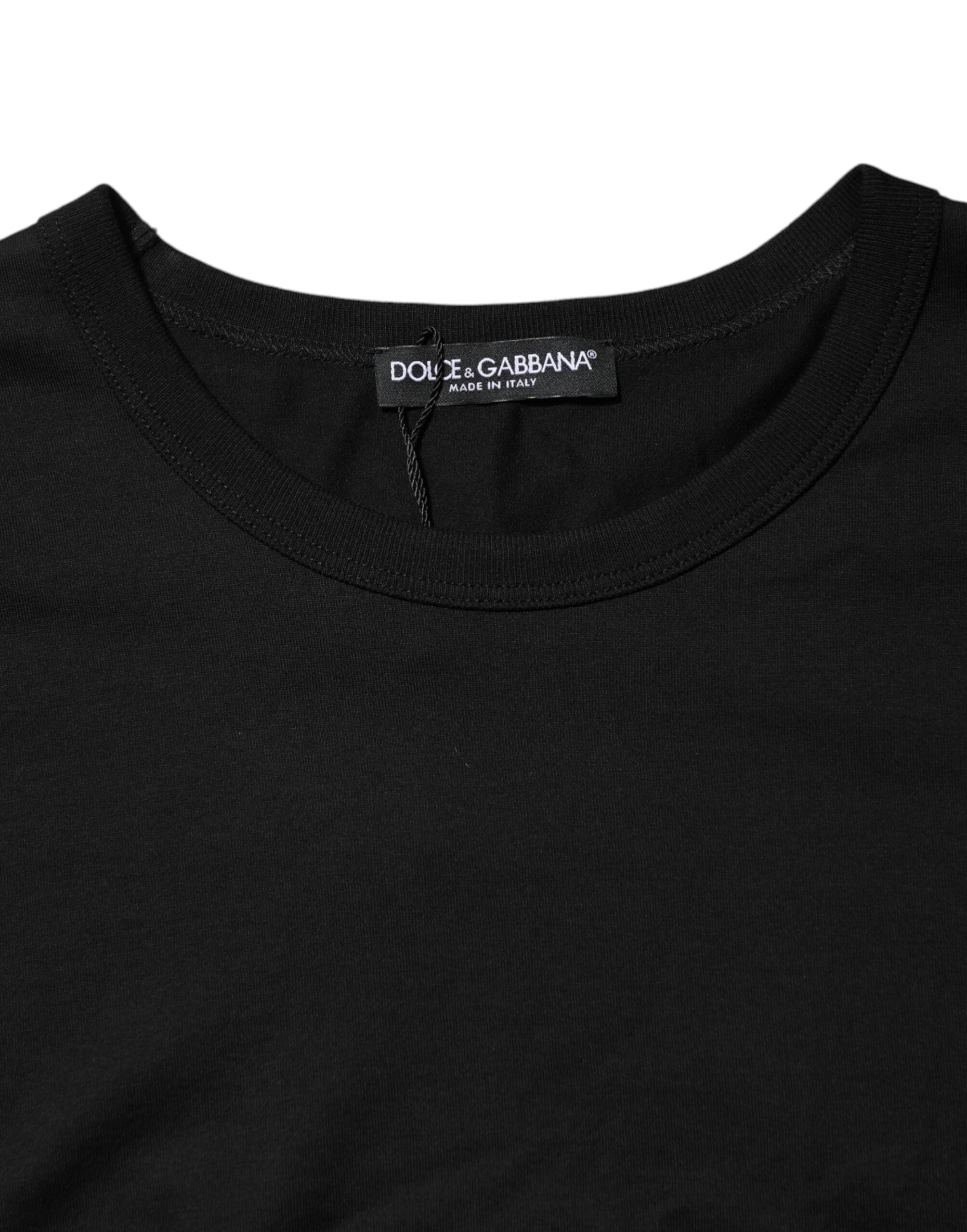 Black Logo Patch Cotton Crew Neck T-shirt - ventzia