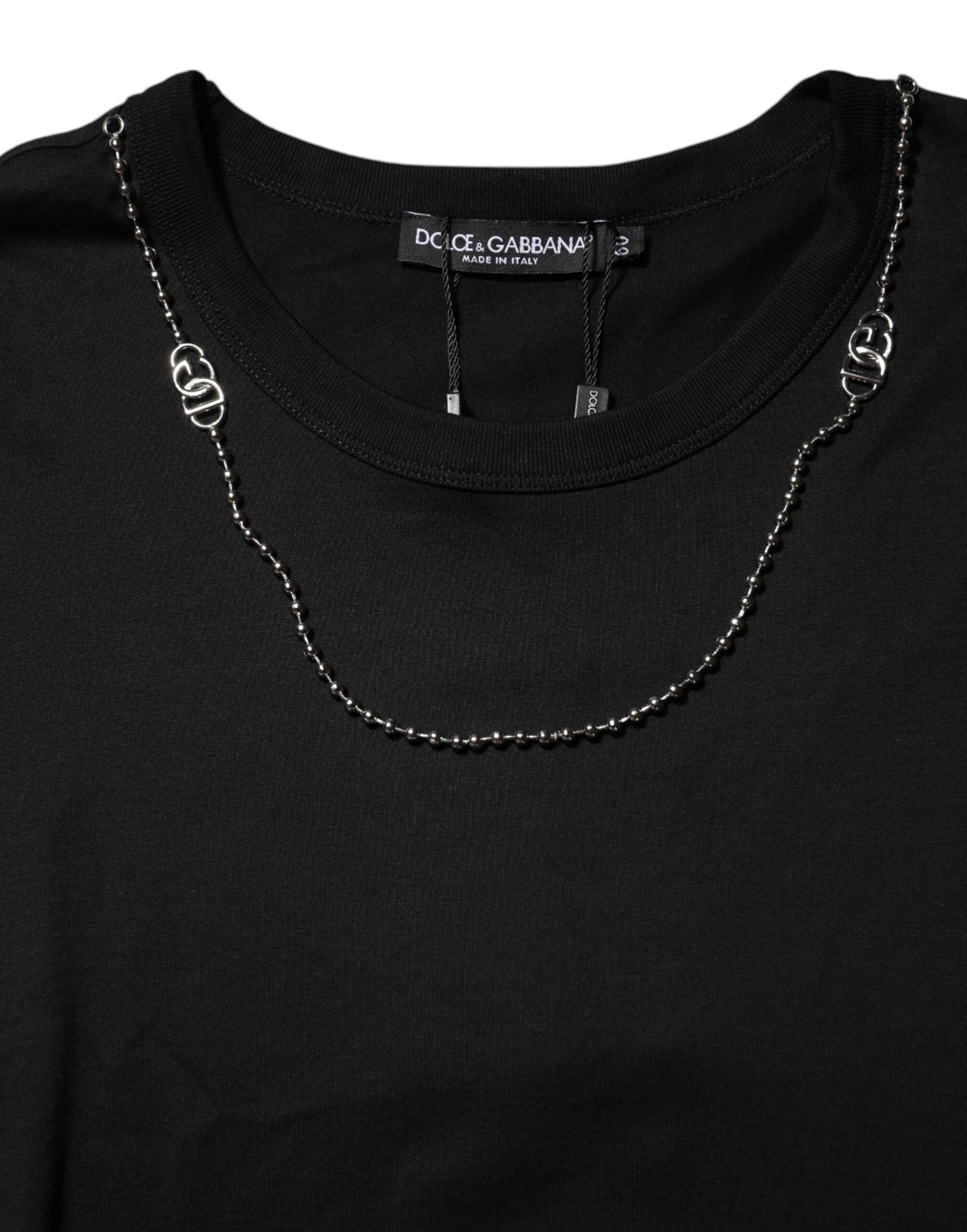 Black Chain Necklace Cotton Crewneck T-shirt - ventzia