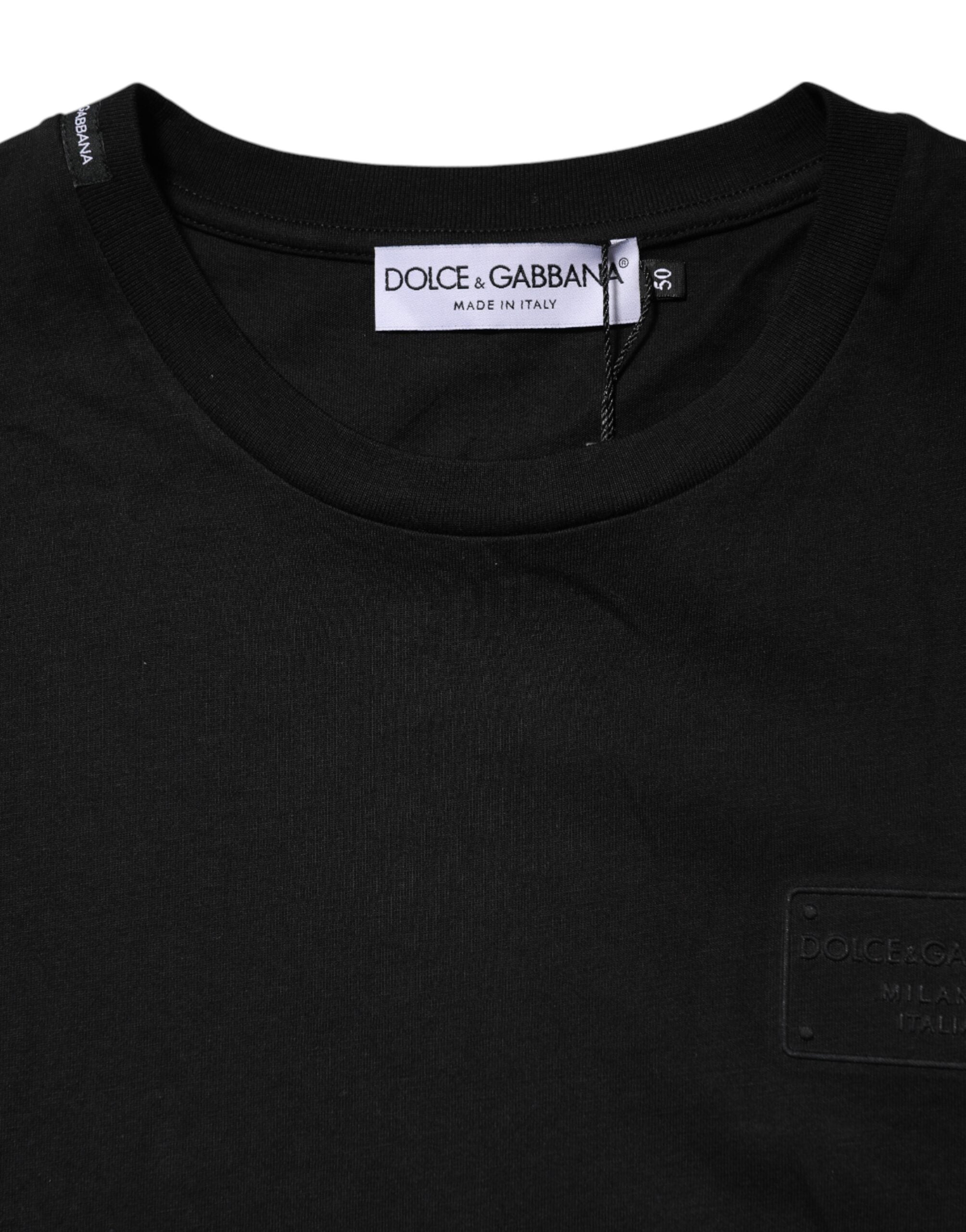 Black Logo Plaque Cotton Crew Neck T-shirt - ventzia