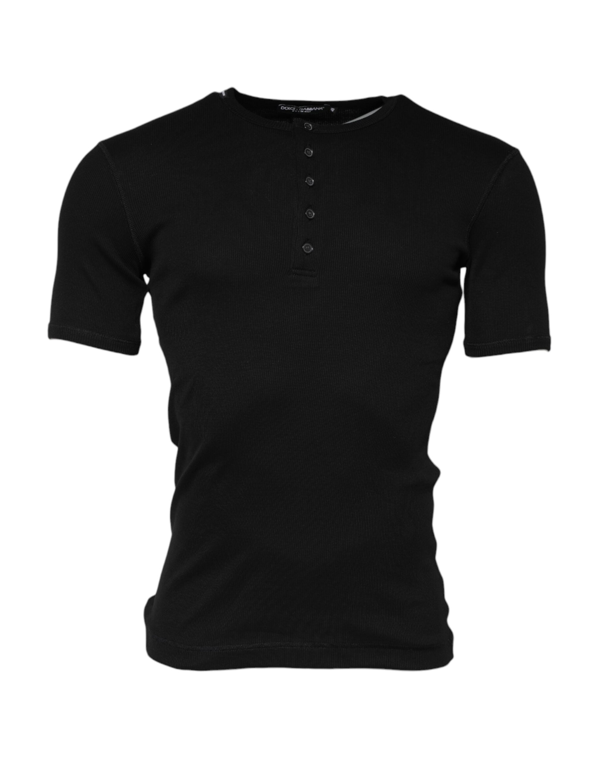 Black Cotton Knit Crew Neck Henley T-shirt - ventzia
