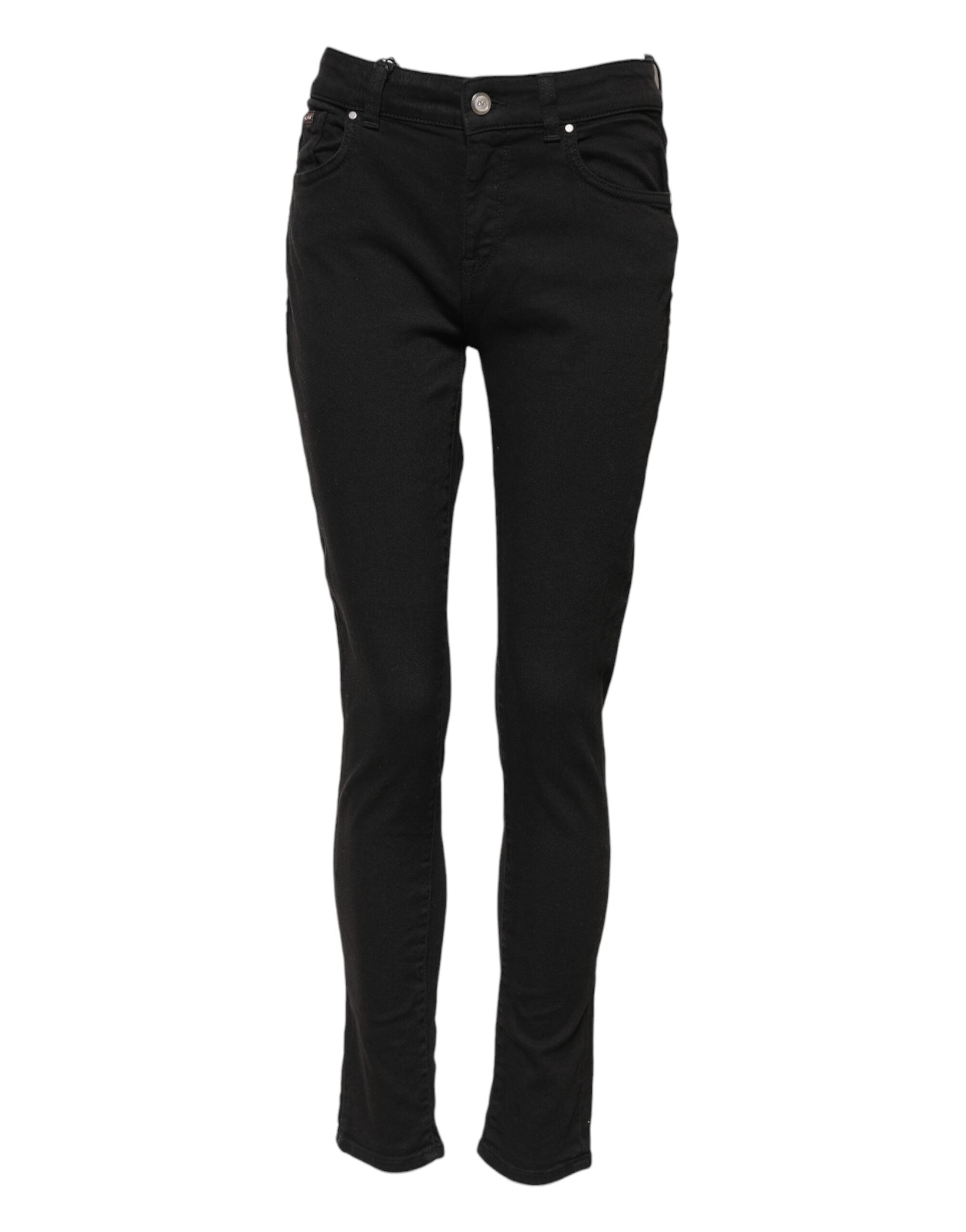 Black Cotton Skinny Mid Waist Denim Jeans - ventzia