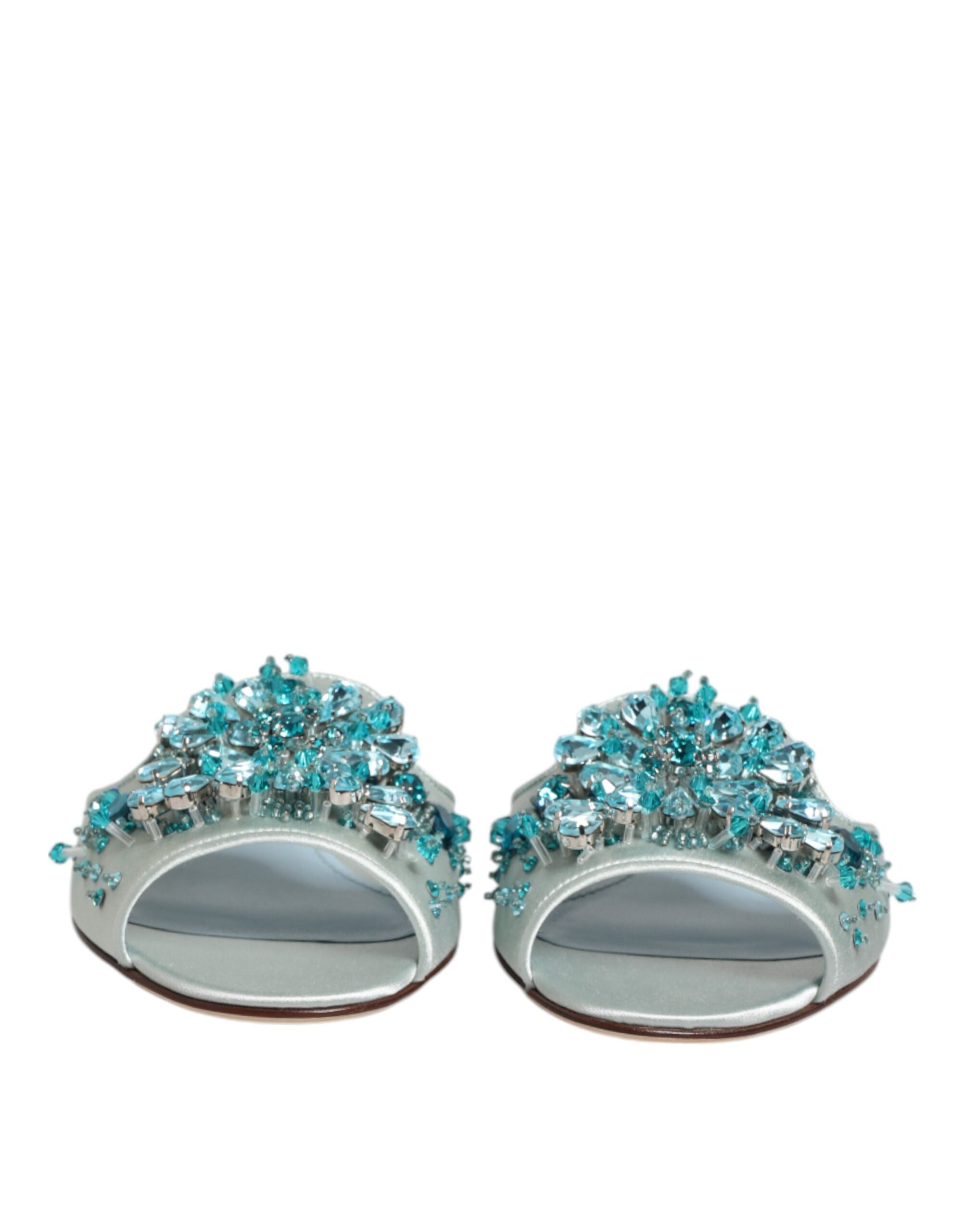 Silver Blue Leather Bead Embellish Slide Shoes - ventzia