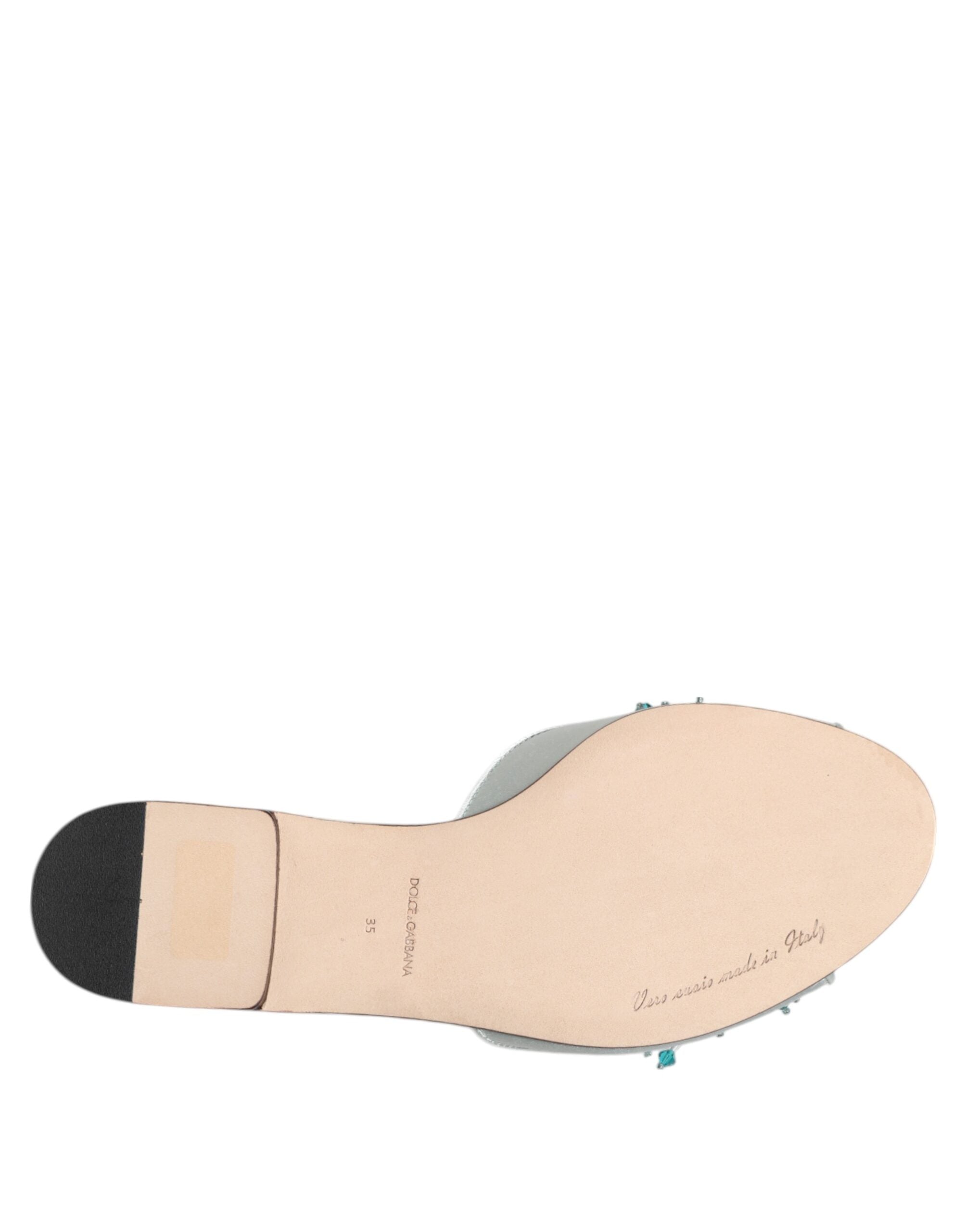 Silver Blue Leather Bead Embellish Slide Shoes - ventzia