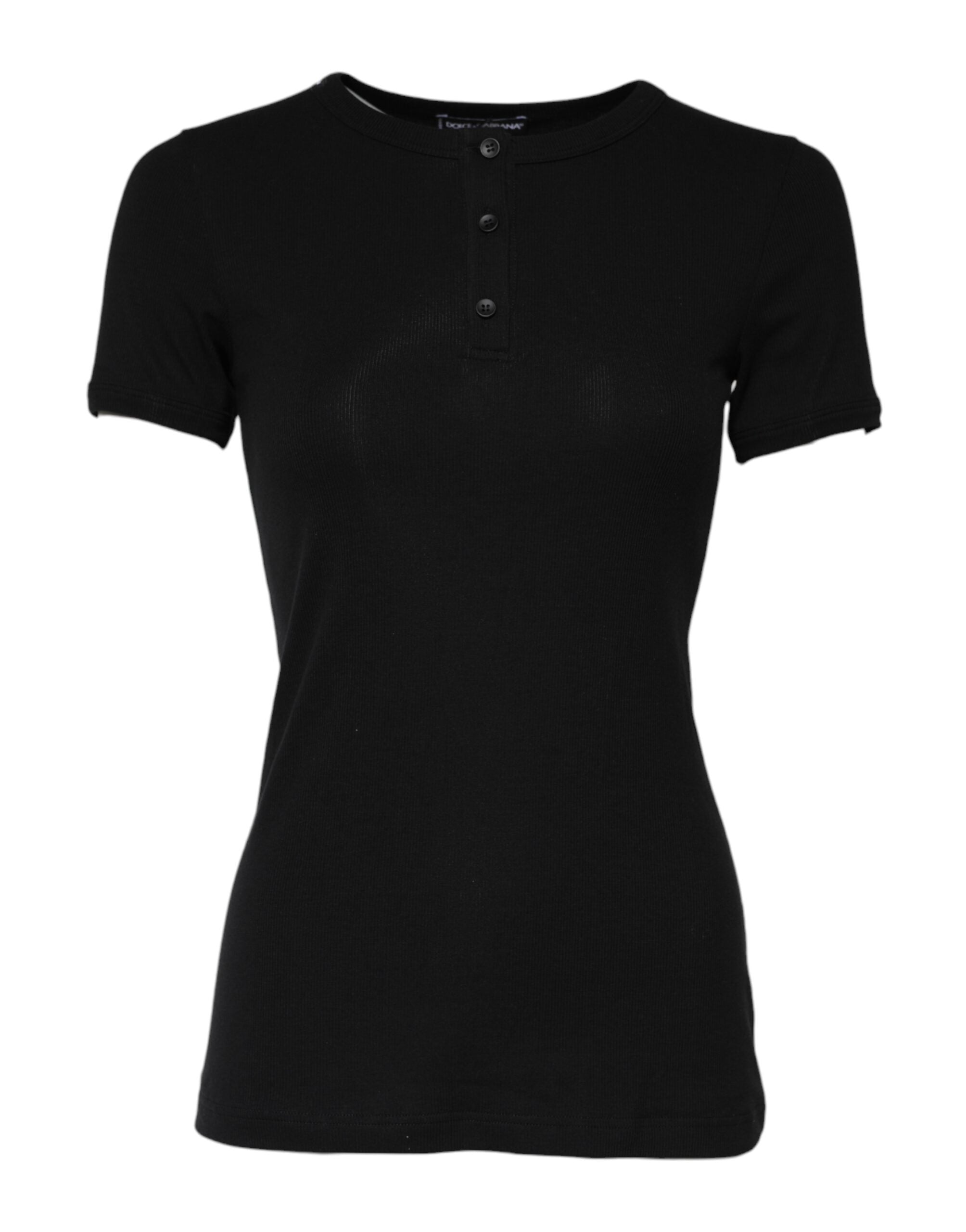 Black Cotton Henley Short Sleeves Top T-shirt - ventzia