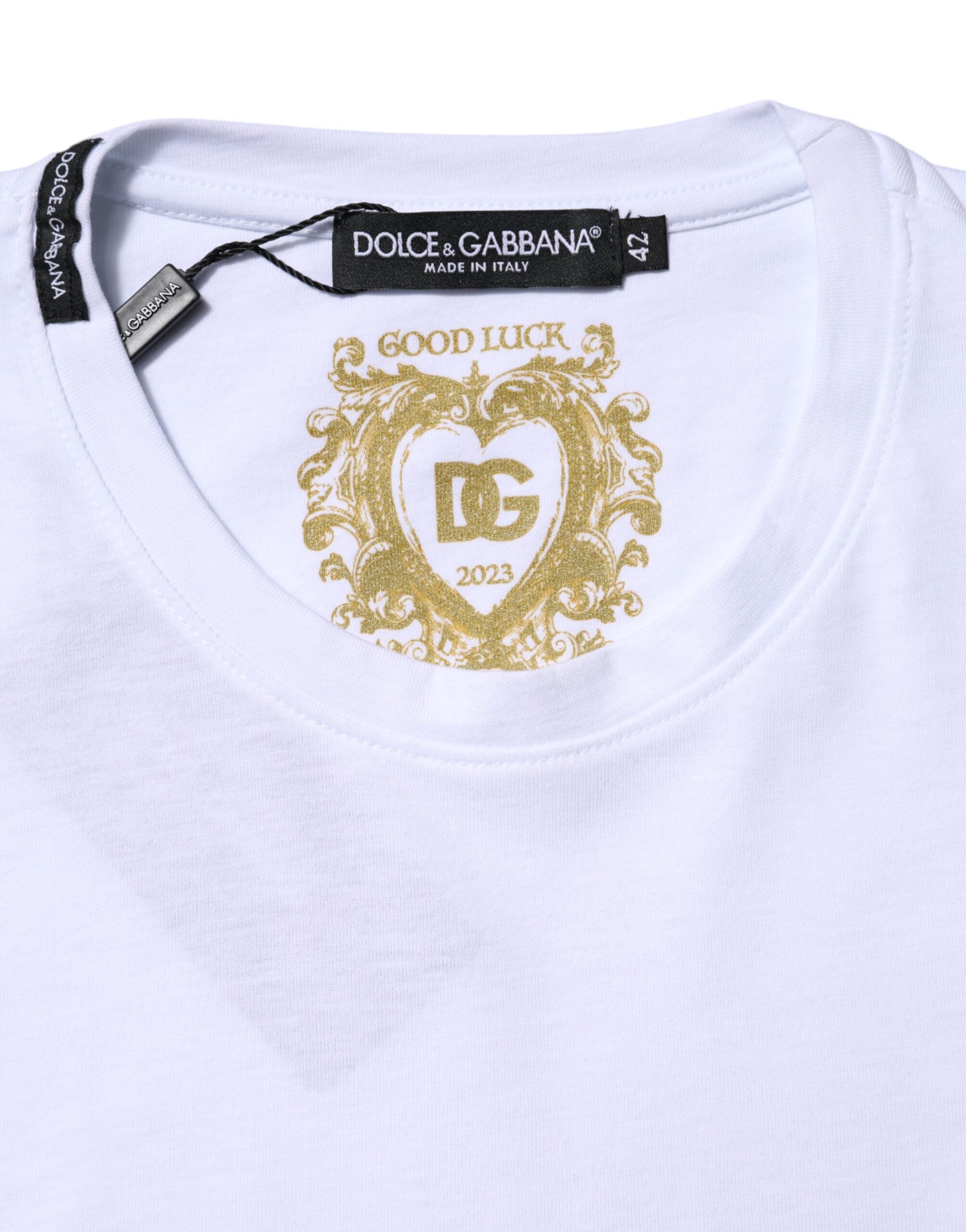 White Cotton Goodluck 2023 Crew Neck T-shirt - ventzia