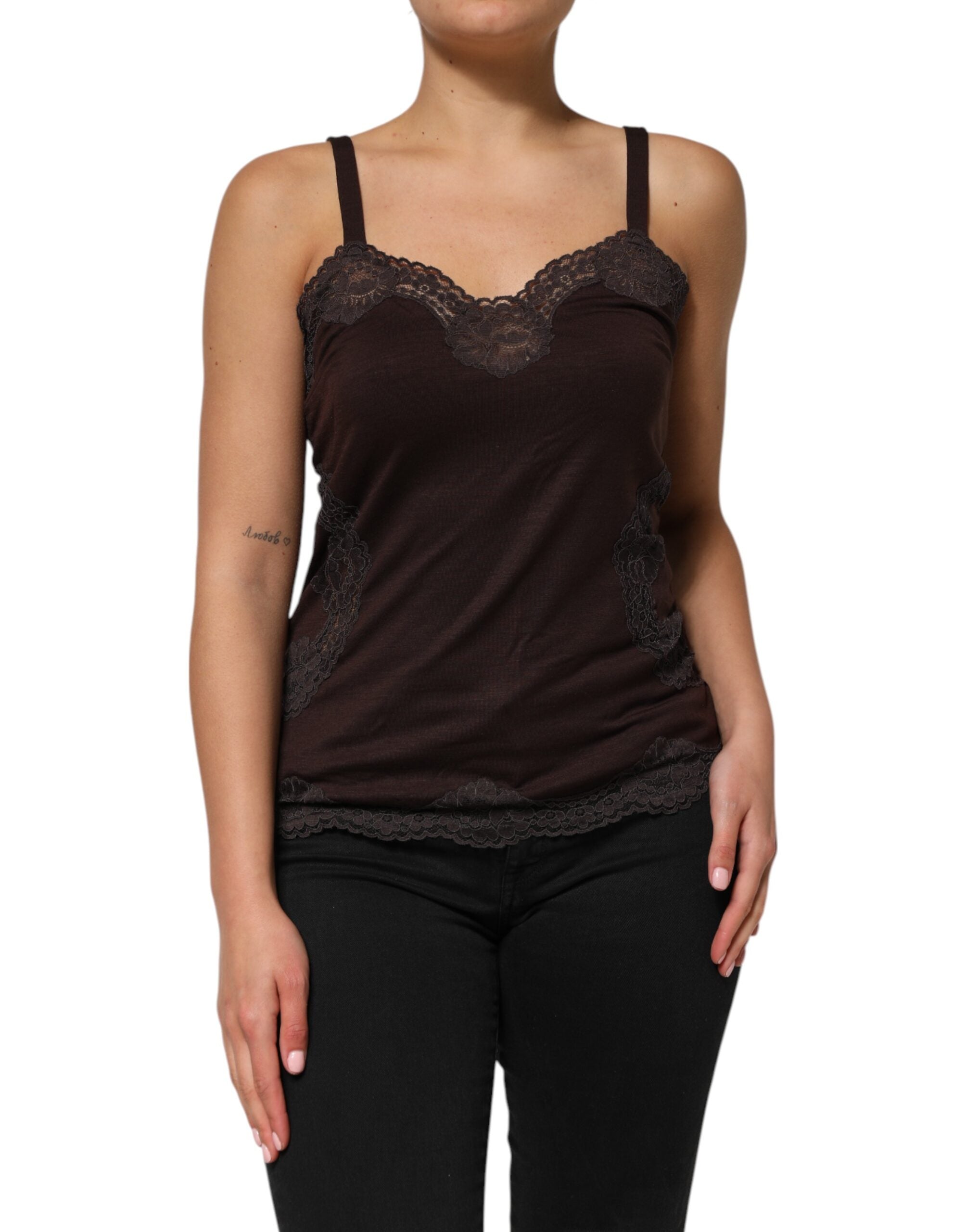Dark Brown Lace Trim Wool Sleeveless Tank Top - ventzia