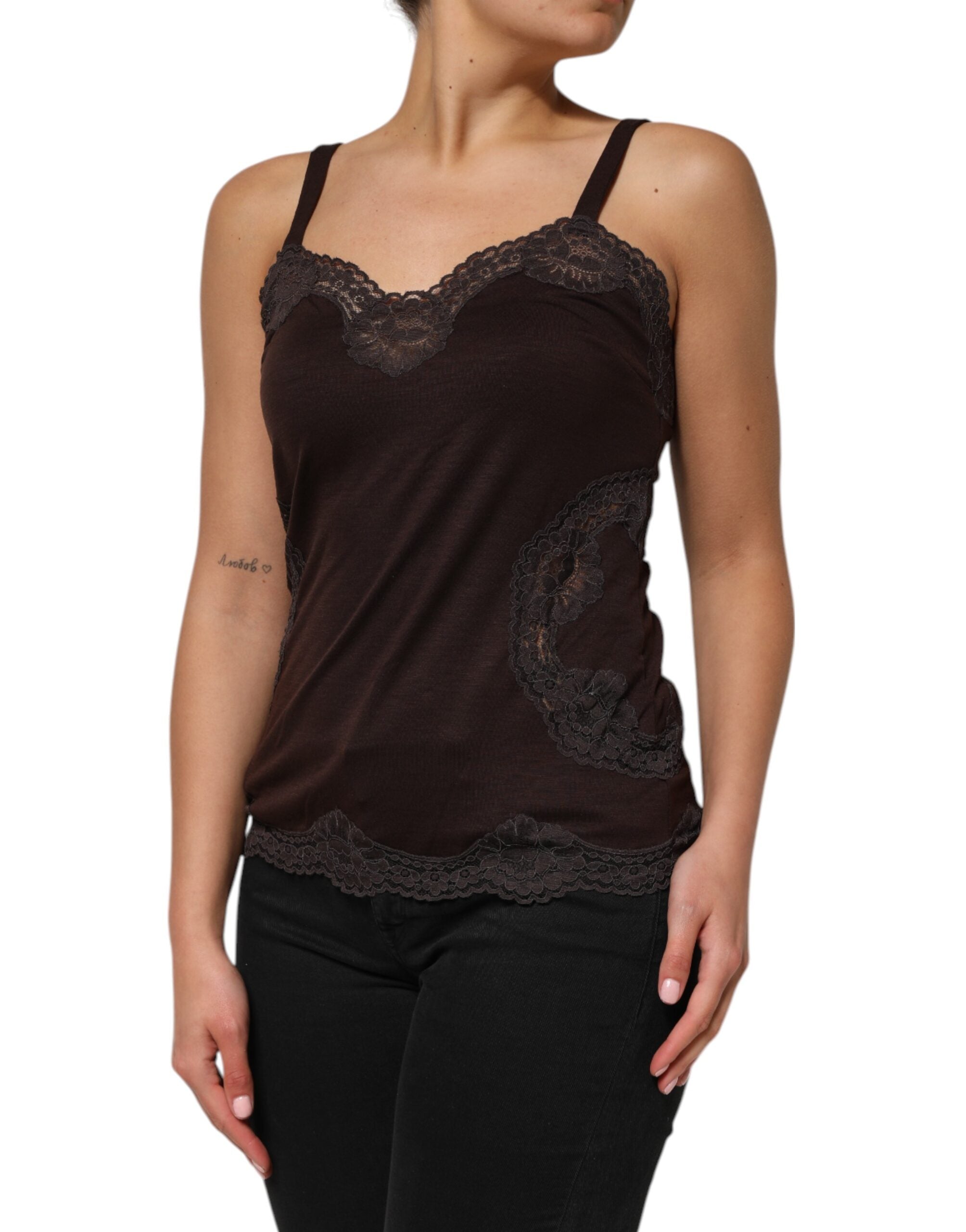 Dark Brown Lace Trim Wool Sleeveless Tank Top - ventzia