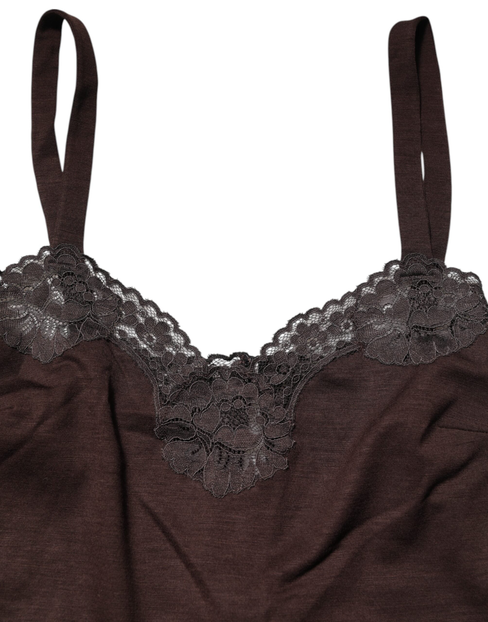 Dark Brown Lace Trim Wool Sleeveless Tank Top - ventzia