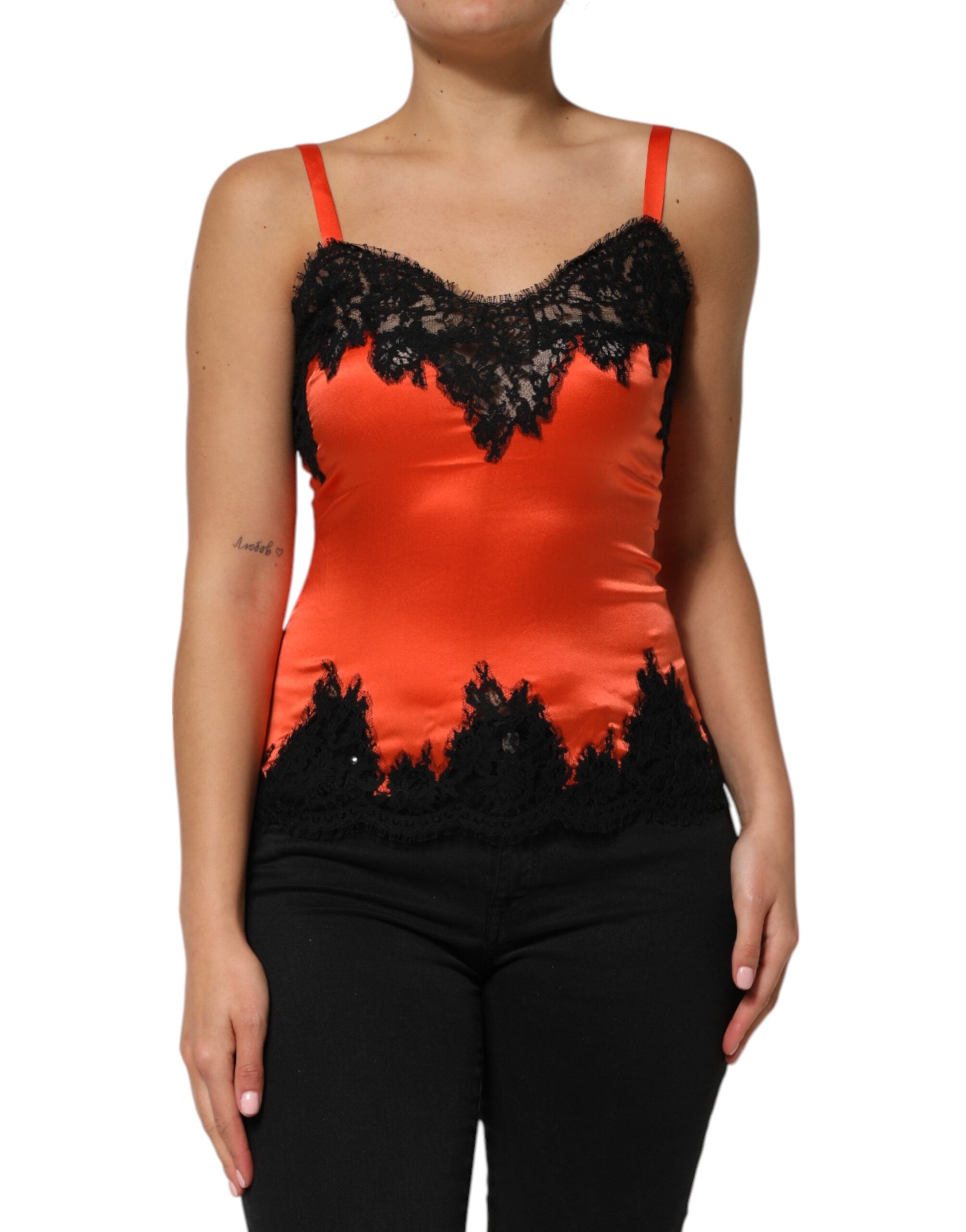 Red Black Lace Trim Silk Sleeveless Tank Top - ventzia