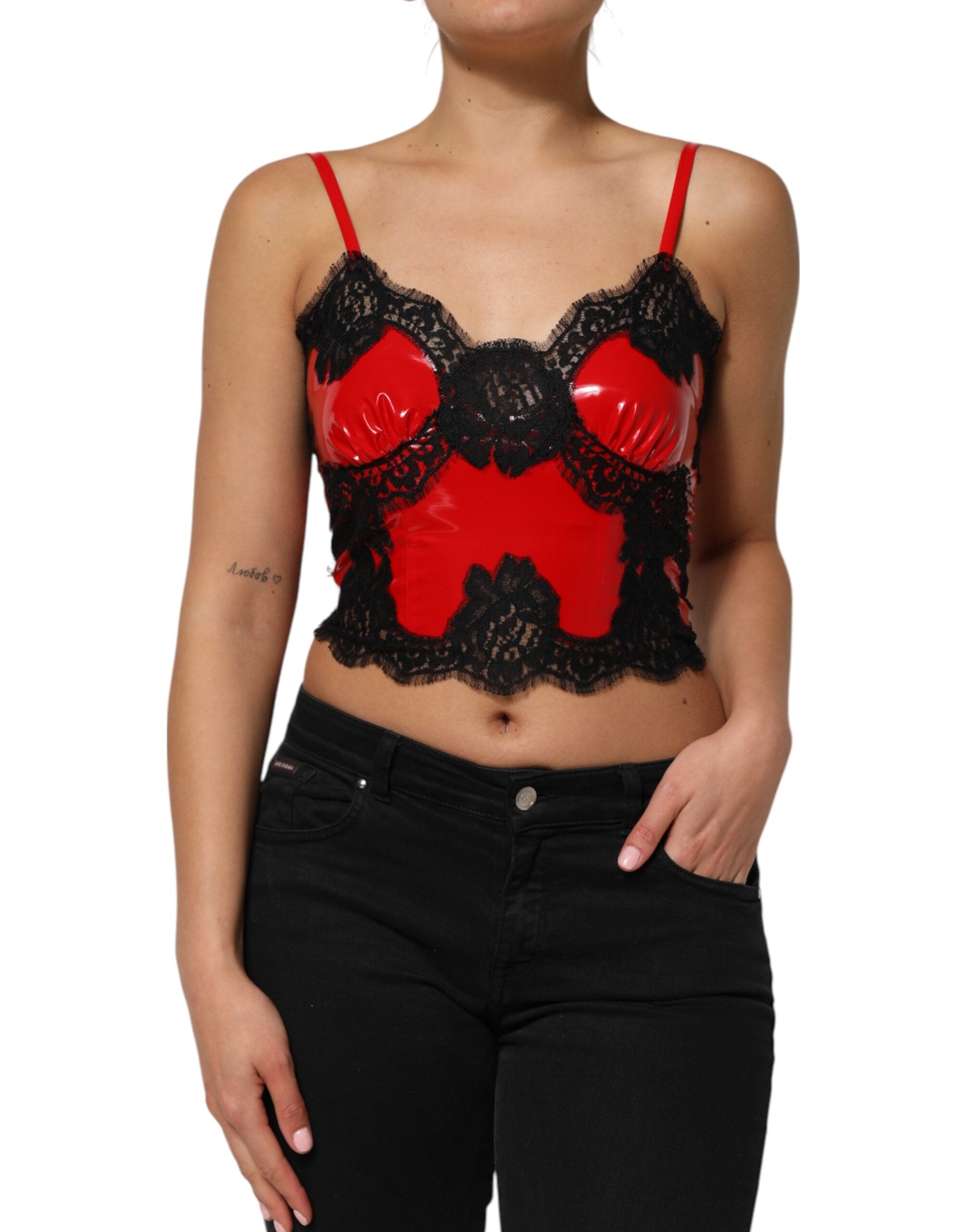 Red Black Lace Trim Polyester Sleeveless Tank Top - ventzia