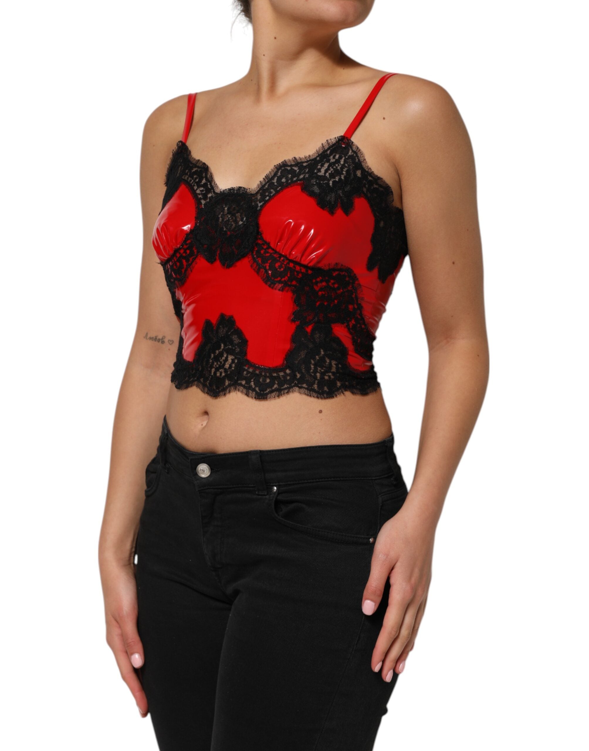 Red Black Lace Trim Polyester Sleeveless Tank Top - ventzia