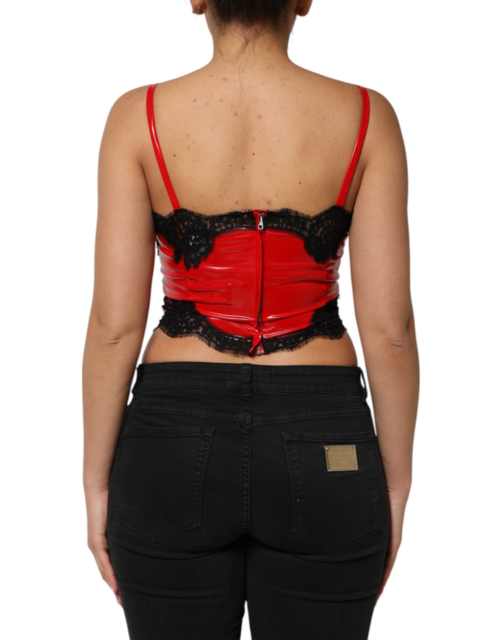 Red Black Lace Trim Polyester Sleeveless Tank Top - ventzia