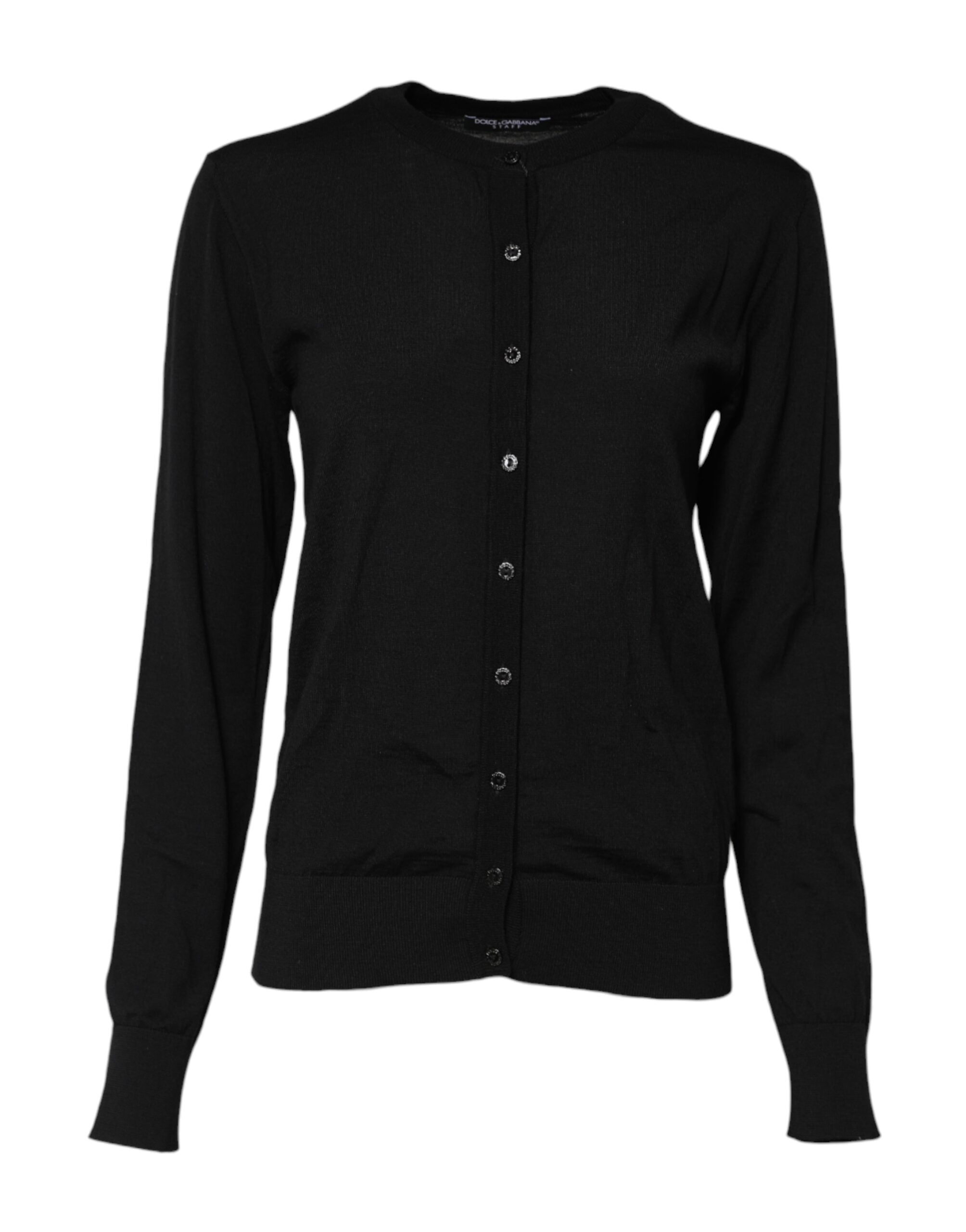 Black Wool Knit Round Neck Cardigan Sweater - ventzia