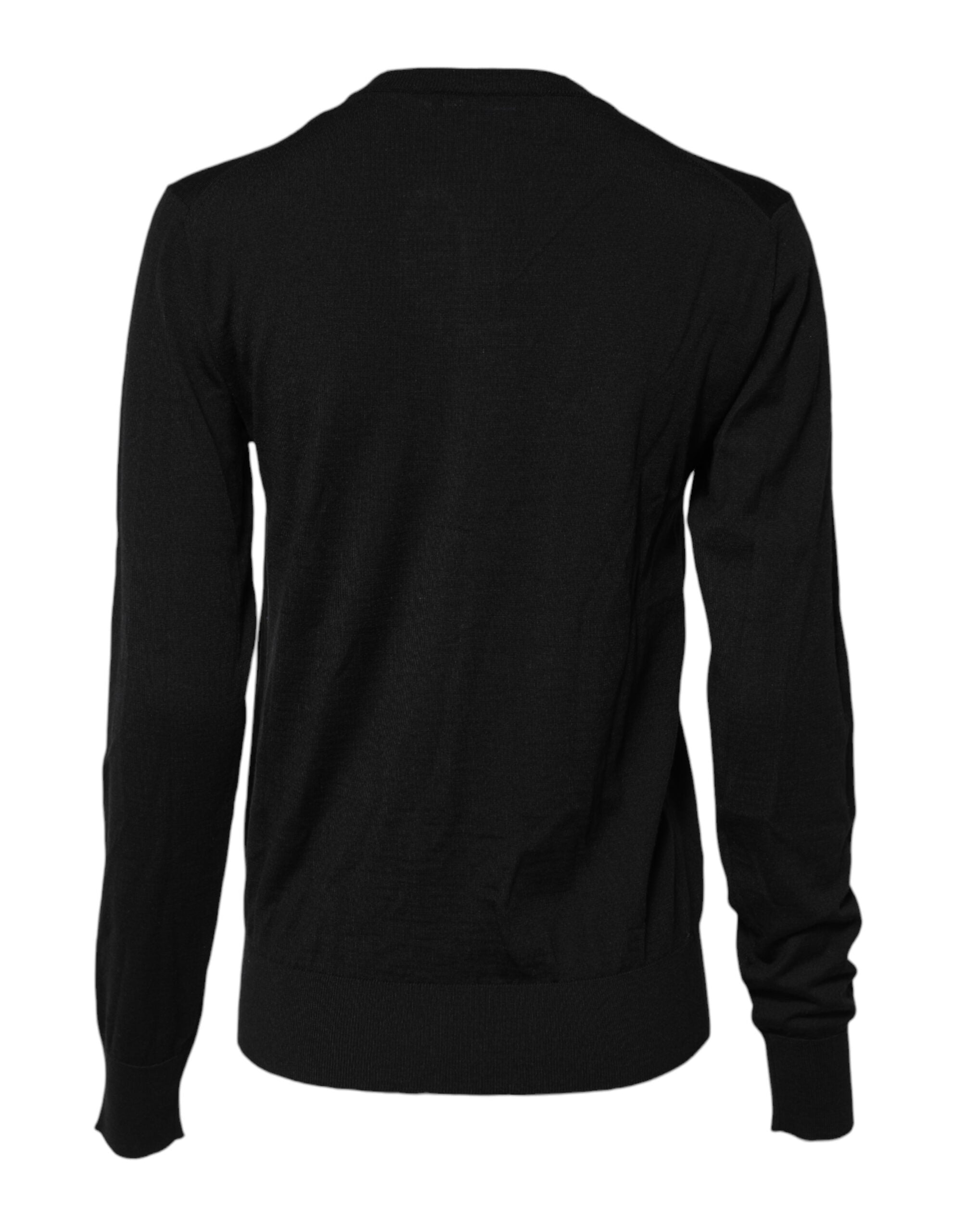 Black Wool Knit Round Neck Cardigan Sweater - ventzia