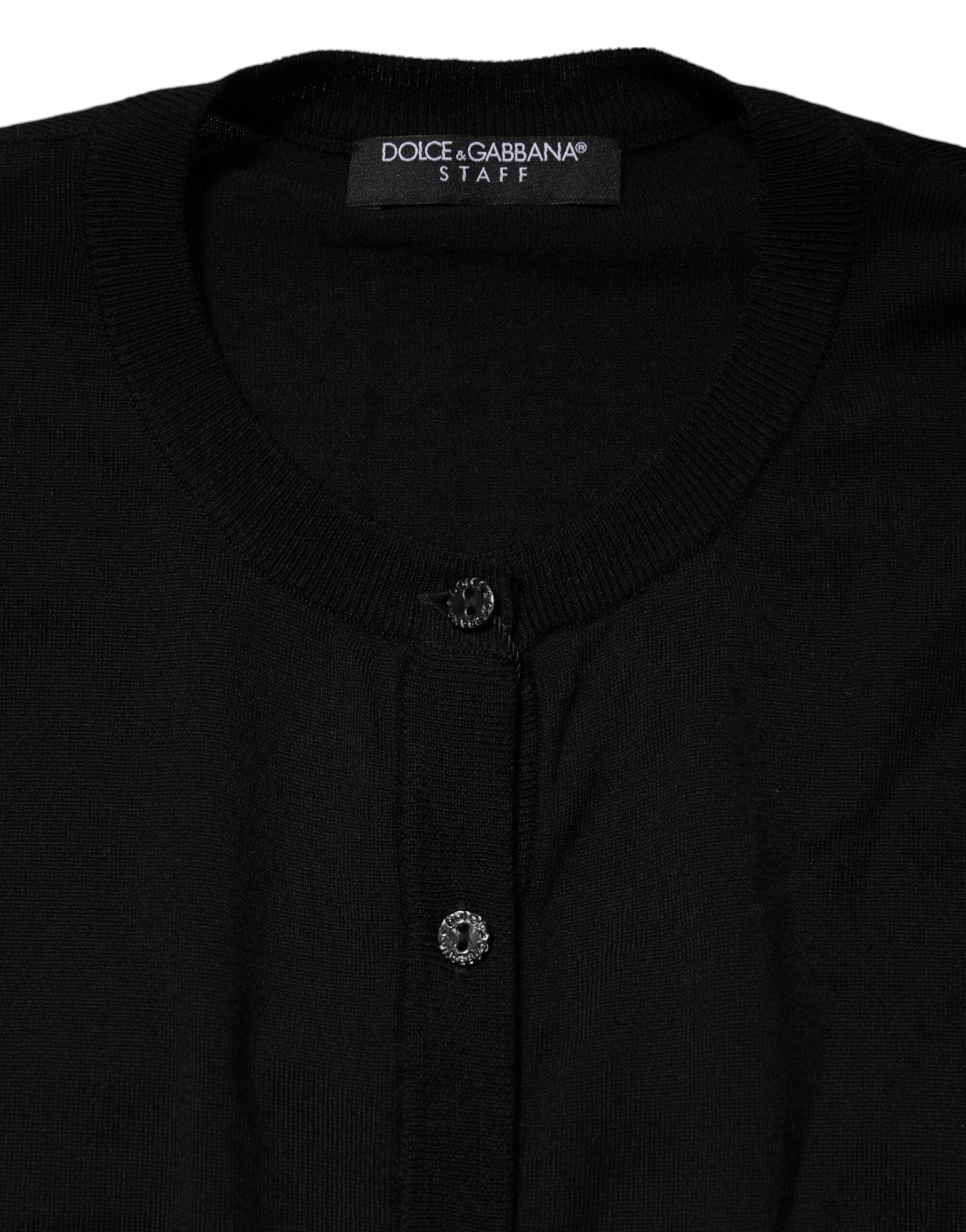 Black Wool Knit Round Neck Cardigan Sweater - ventzia