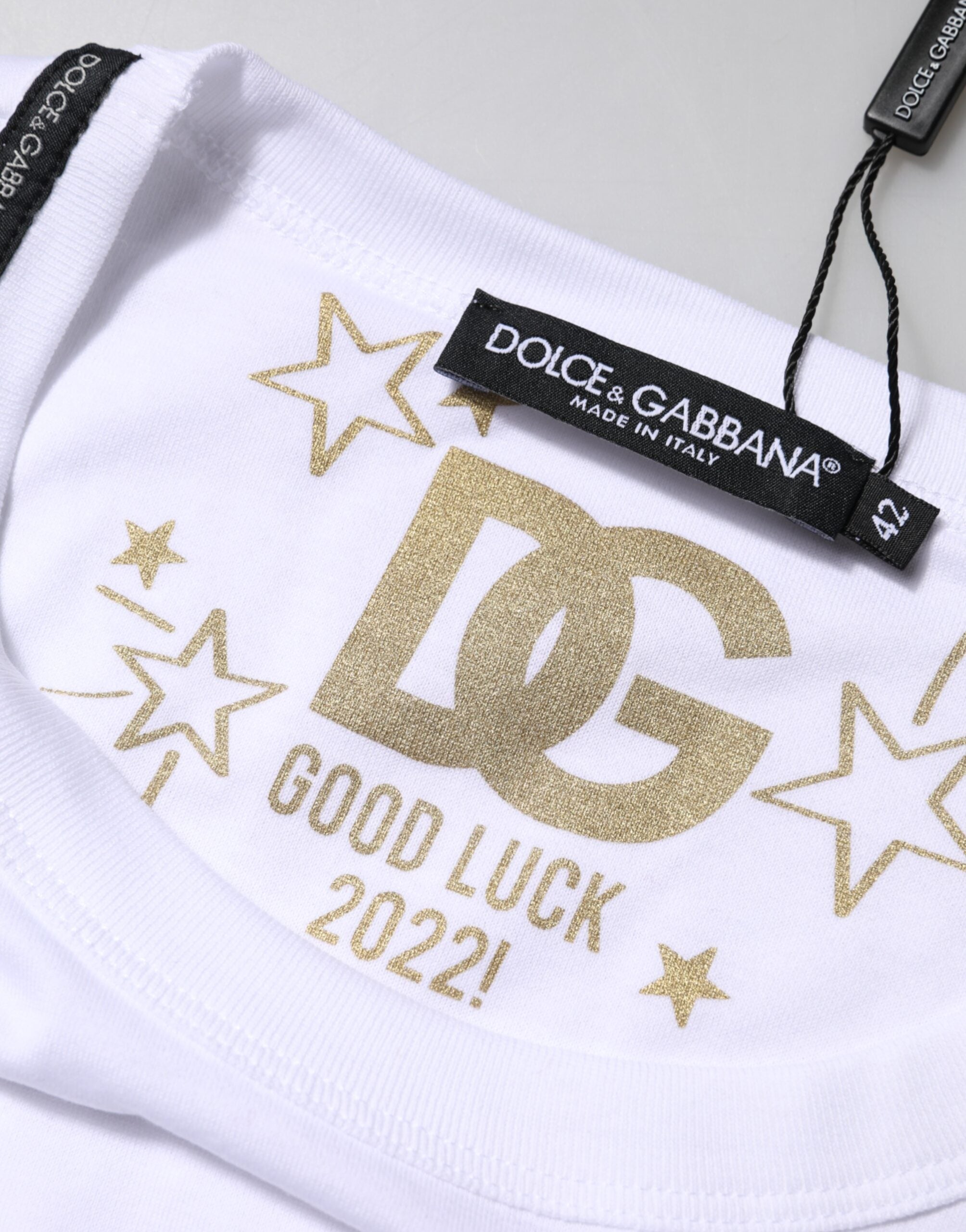 White Cotton Goodluck 2022 Crew Neck T-shirt - ventzia